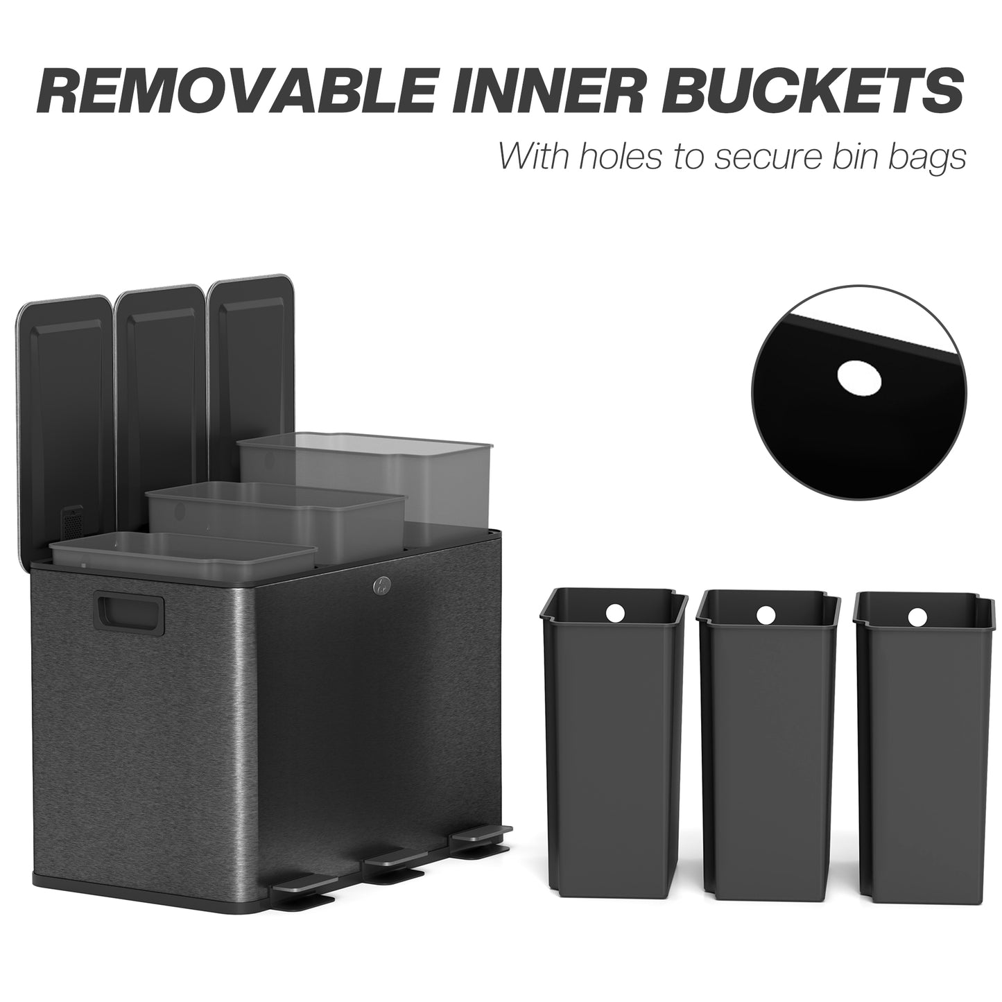 HOMCOM Triple Garbage Bin, Soft-Close Trash Can with Foot Pedal, 3 x 20 Liter Garbage Can with Removable Inner Buckets, Black