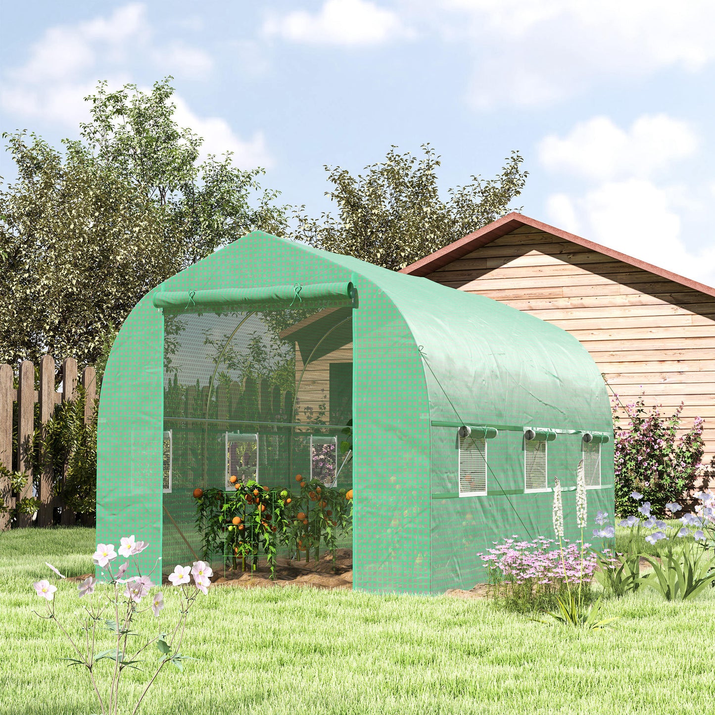 Outsunny 6.6' x 11' x 7' Walk-in Greenhouse Outdoor Plant Tunnel Warm Hot House w/ Roll Up Door and 6 Mesh Windows, Steel Frame, Green