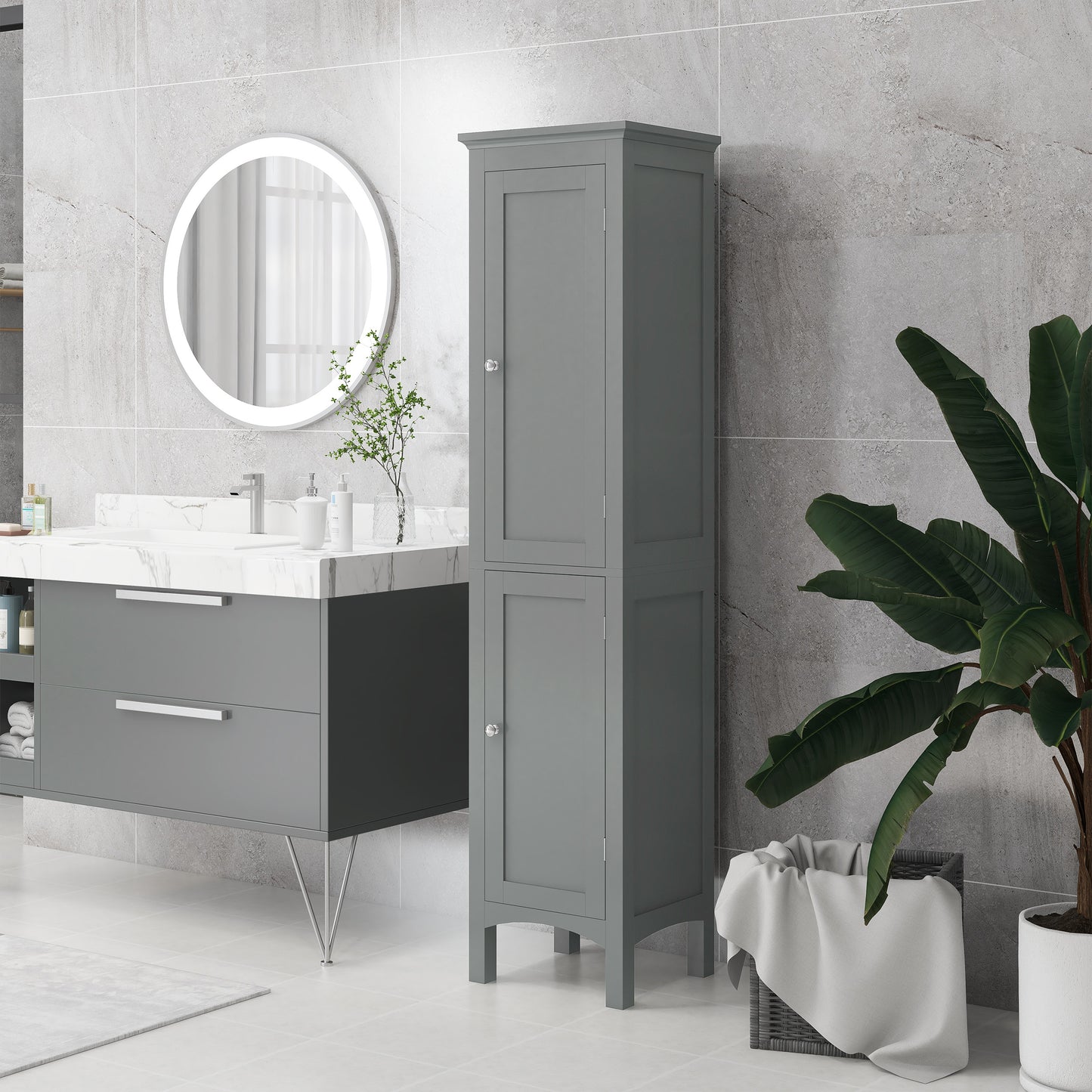 kleankin Tall Bathroom Cabinet, Freestanding Storage Organizer with Adjustable Shelves and Cupboards, 15" x 13" x 63", White