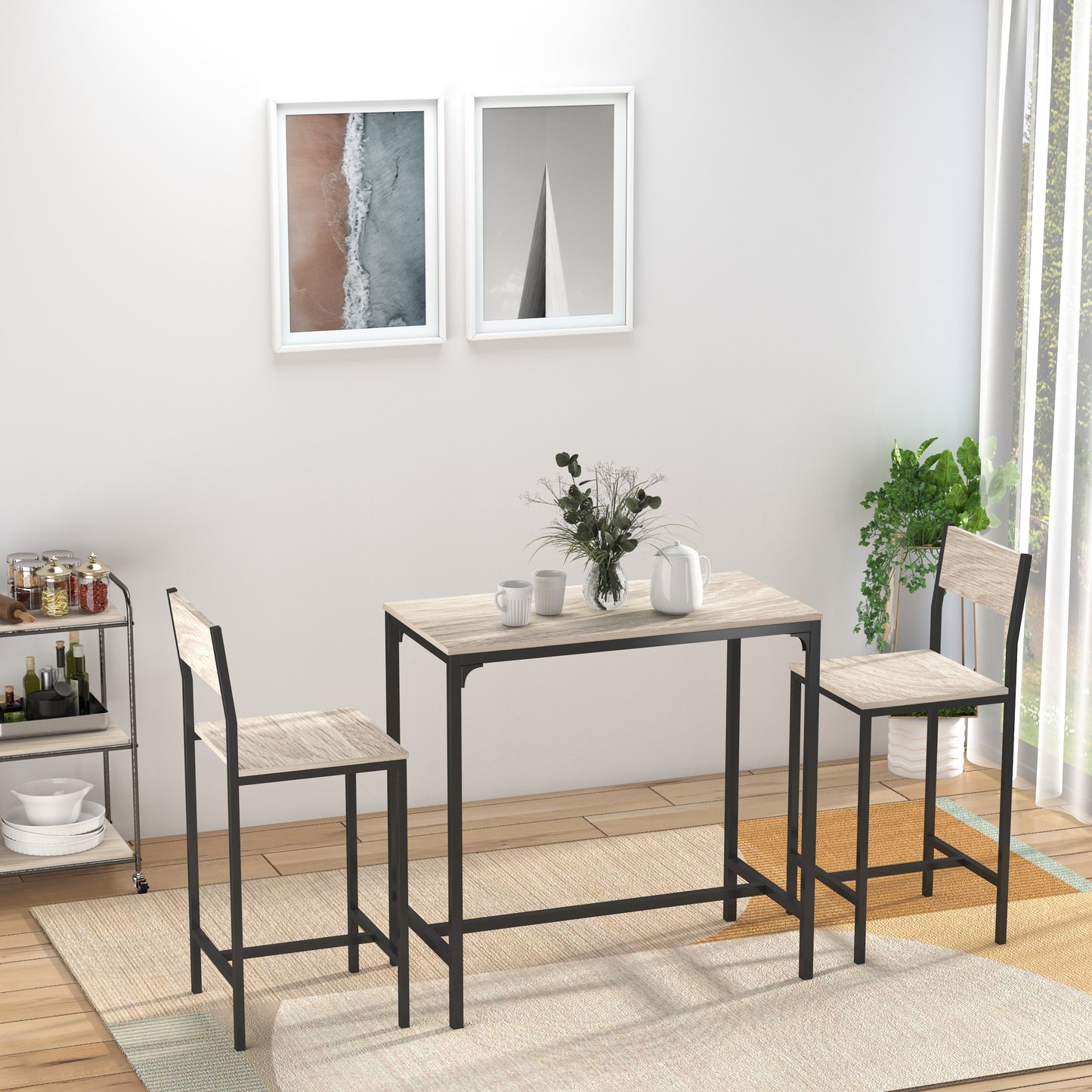 HOMCOM Industrial Bar Table Set Counter Height 3 Piece and 2 High Back Stools Set Dining Table Set for Small Space in the Dining Room