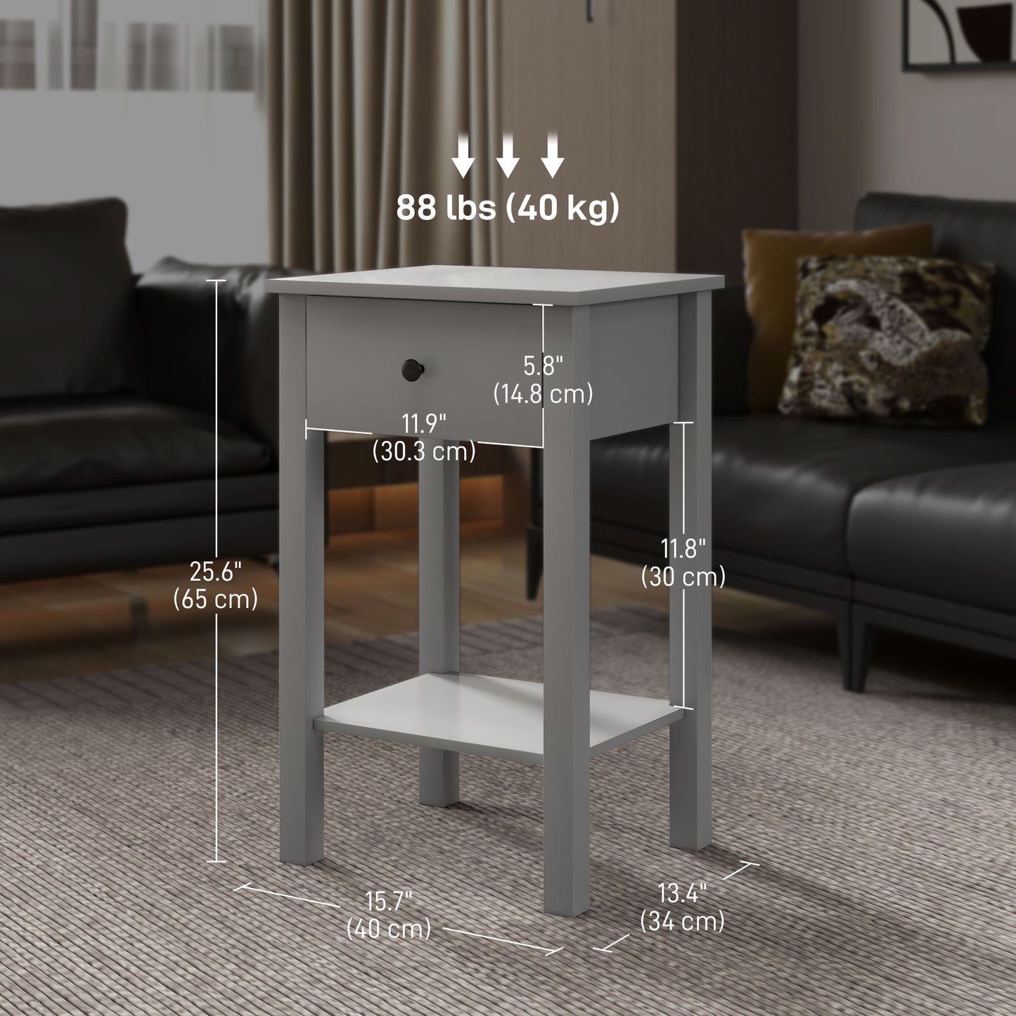 HOMCOM Side Table Set of 2, End Tables with Drawer and Bottom Shelf, 2-tier Nightstand for Bedroom, Living Room, White