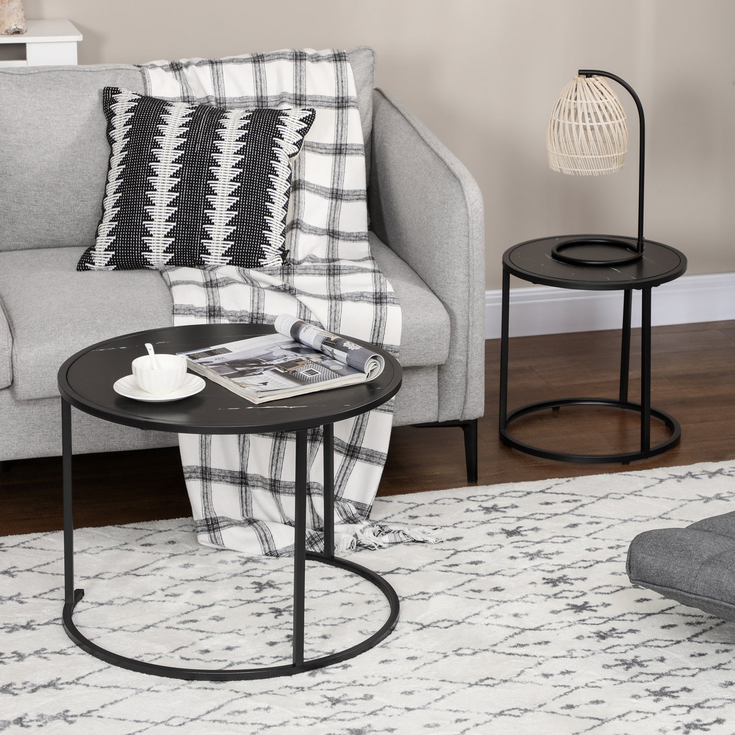 HOMCOM Round Nesting Coffee Table Set of 2, Stacking Modern Accent Tables with Faux Marble Tabletop and Metal Frame for Living Room, Black