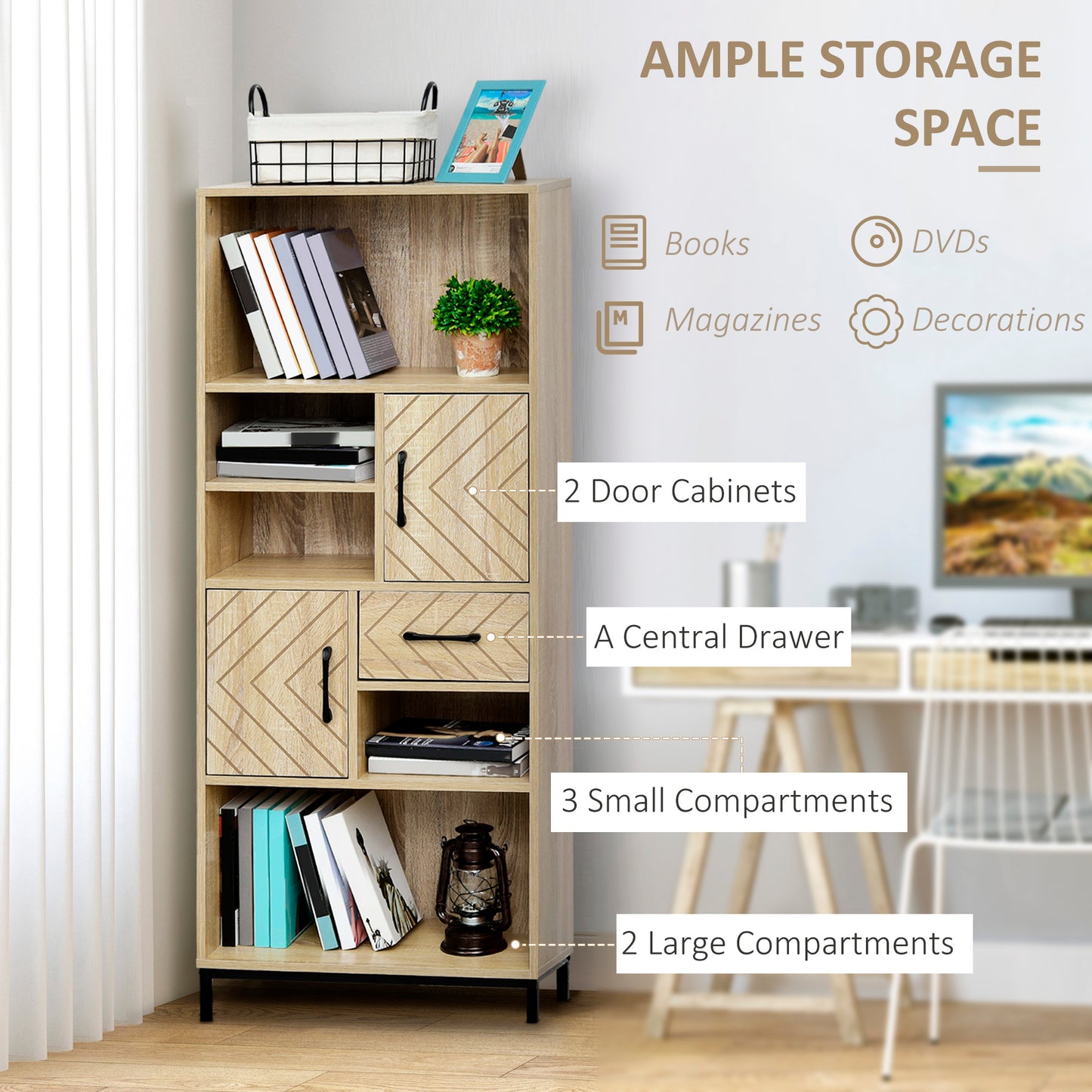 HOMCOM 5-Tier Bookcase, Storage Bookshelf, Display Shelves with Adjustable Shelves for Living Room, Home Office, Nature Wood