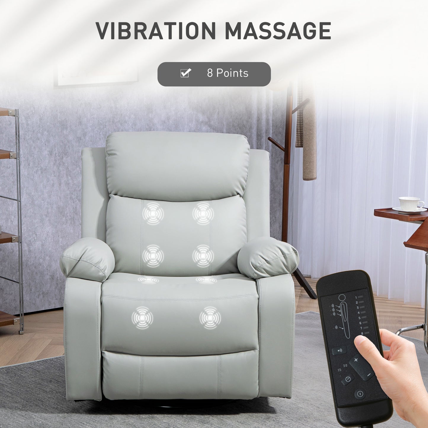HOMCOM PU Leather Reclining Chair with Vibration Massage Recliner, Swivel Base, Rocking Function, Remote Control, Black