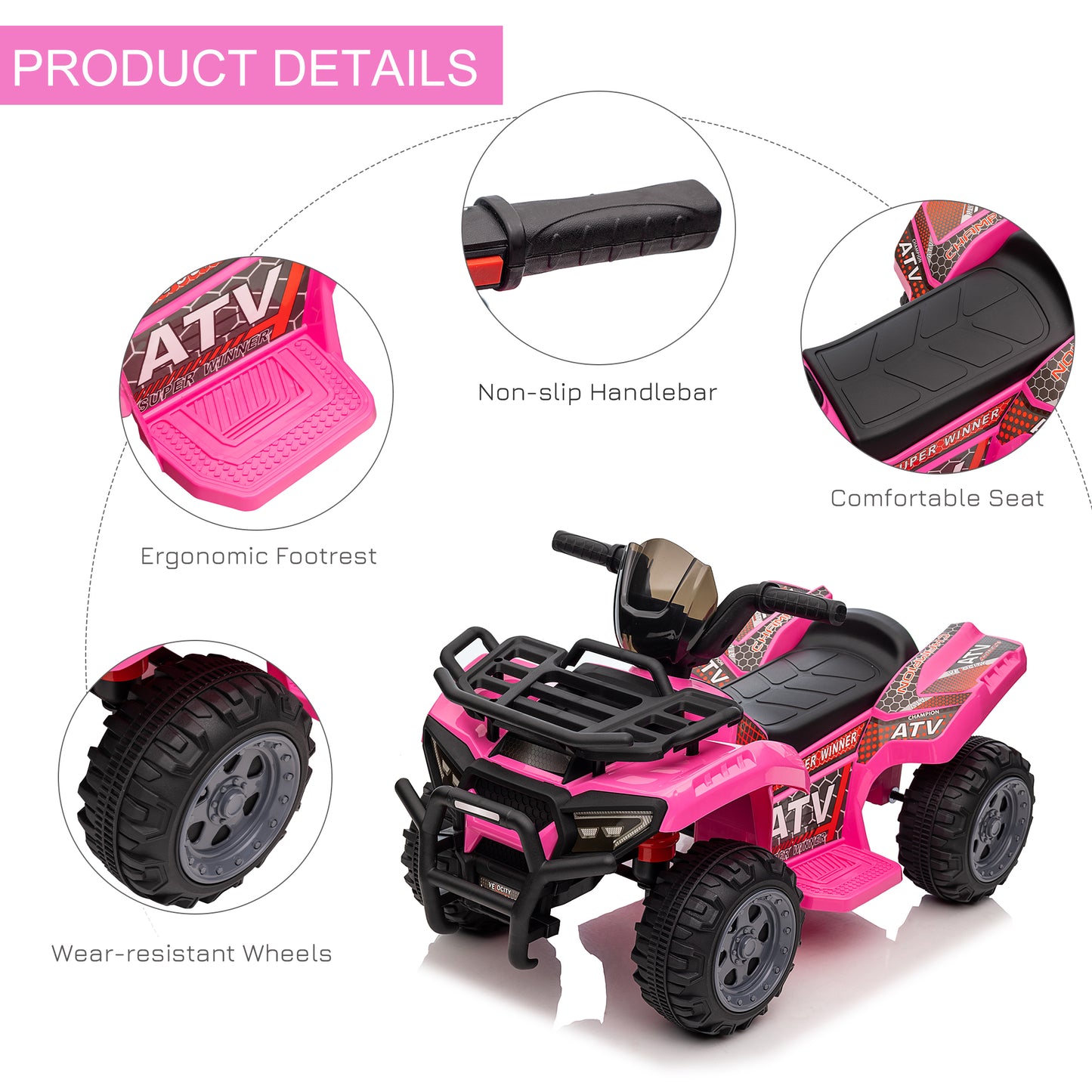 Aosom 6V Kids ATV Quad, 4 Wheeler Battery Powered Electric Ride on Car with Music, Forward, for Boys and Girls Ages 18-36 Months, Red