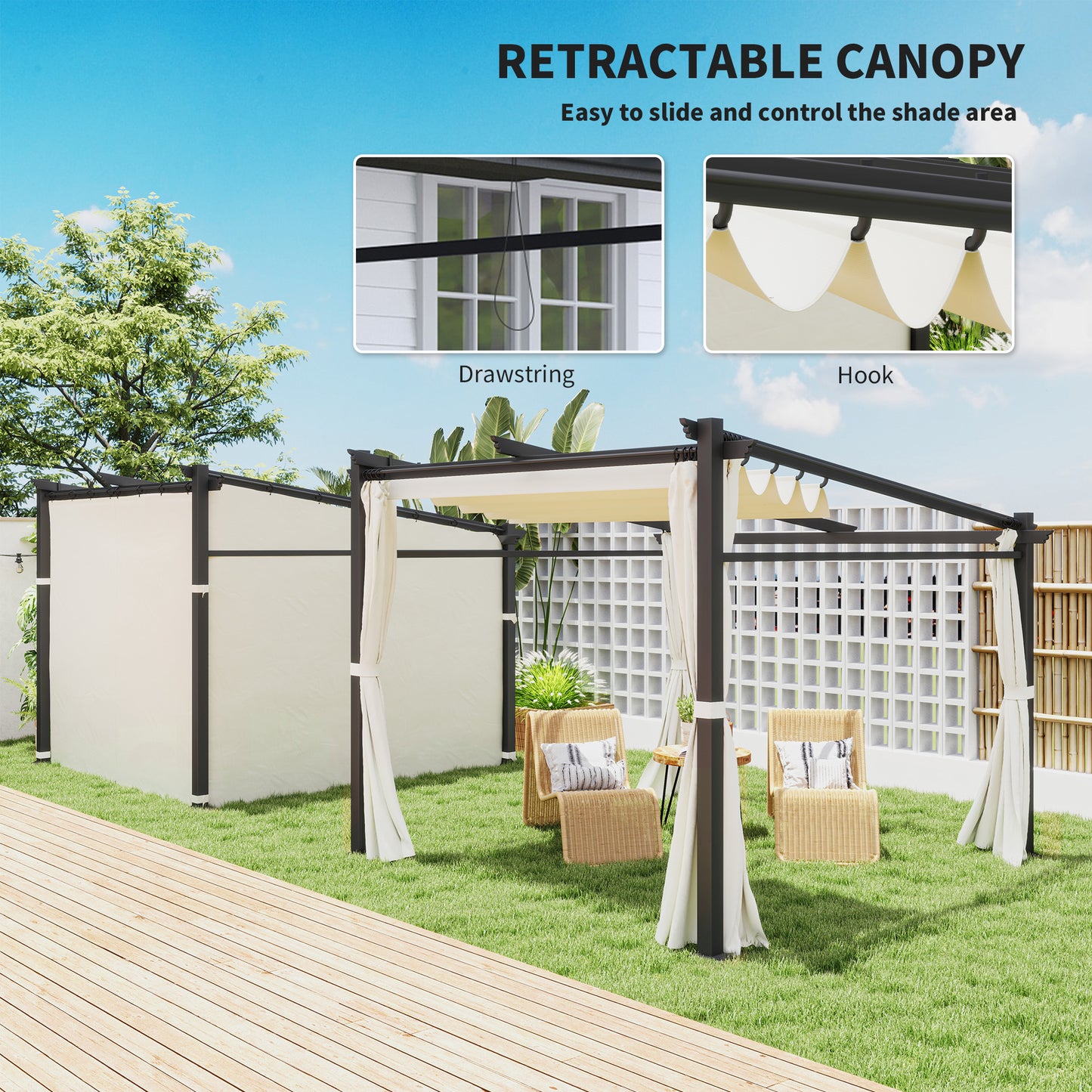 Outsunny Metal Pergola with Sliding Roof Canopy, Retractable Pergola Canopy, 10' x 10', Dark Grey