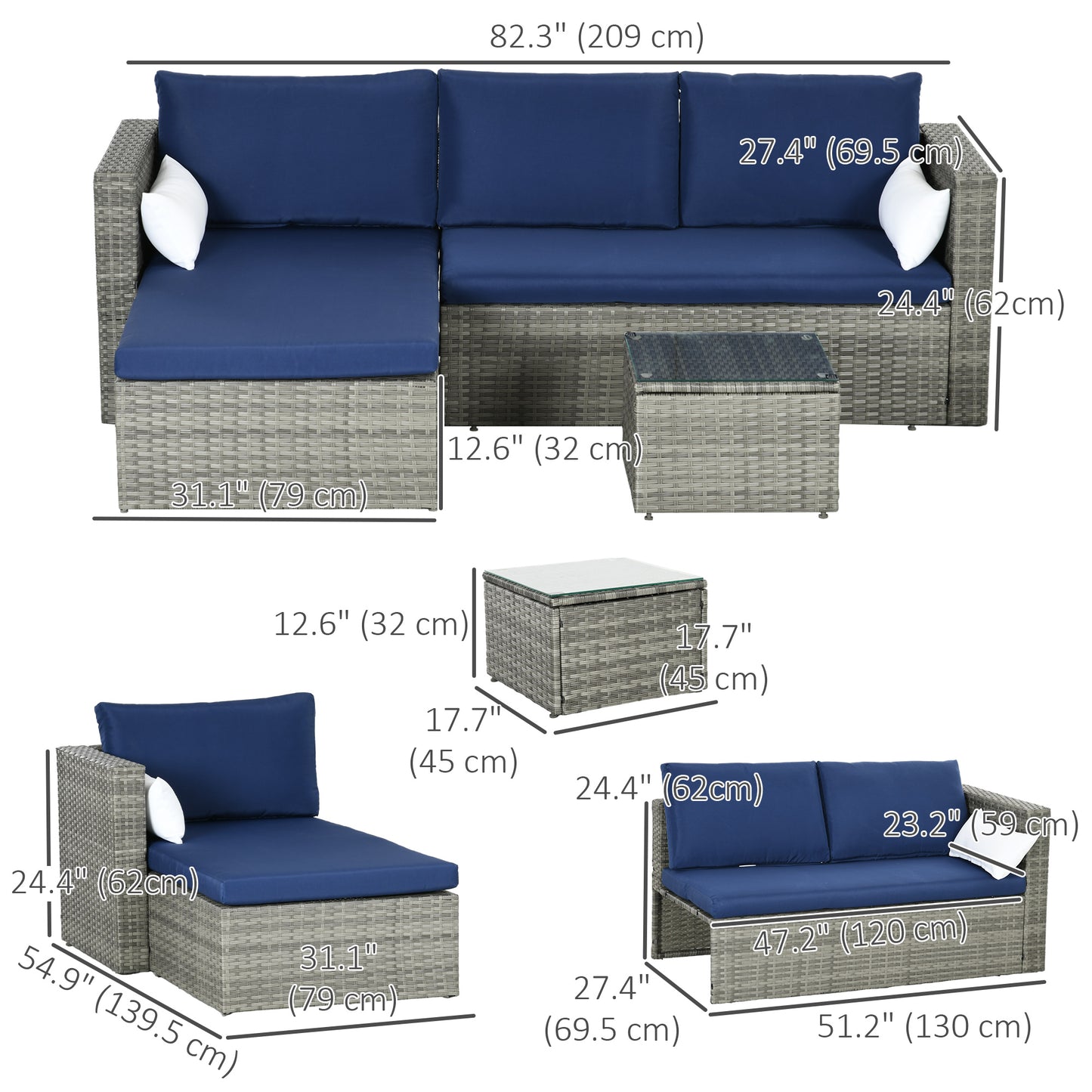 Outsunny 3-Piece Patio Furniture Set Modern Sectional Sofa Rattan Chair Wicker Conversation Set Outdoor Hand Woven Rattan Wicker Furniture Patio Coffee Table Sofa Set, Blue