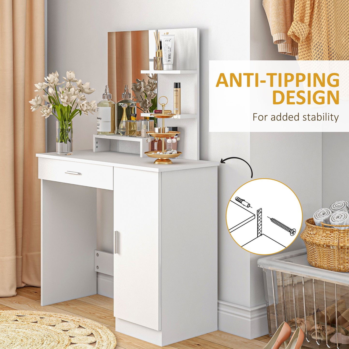 HOMCOM Dressing Table, Vanity Table with Mirror, Drawer and Storage Shelves for Bedroom, 35.4" x 15" x 54.3", White