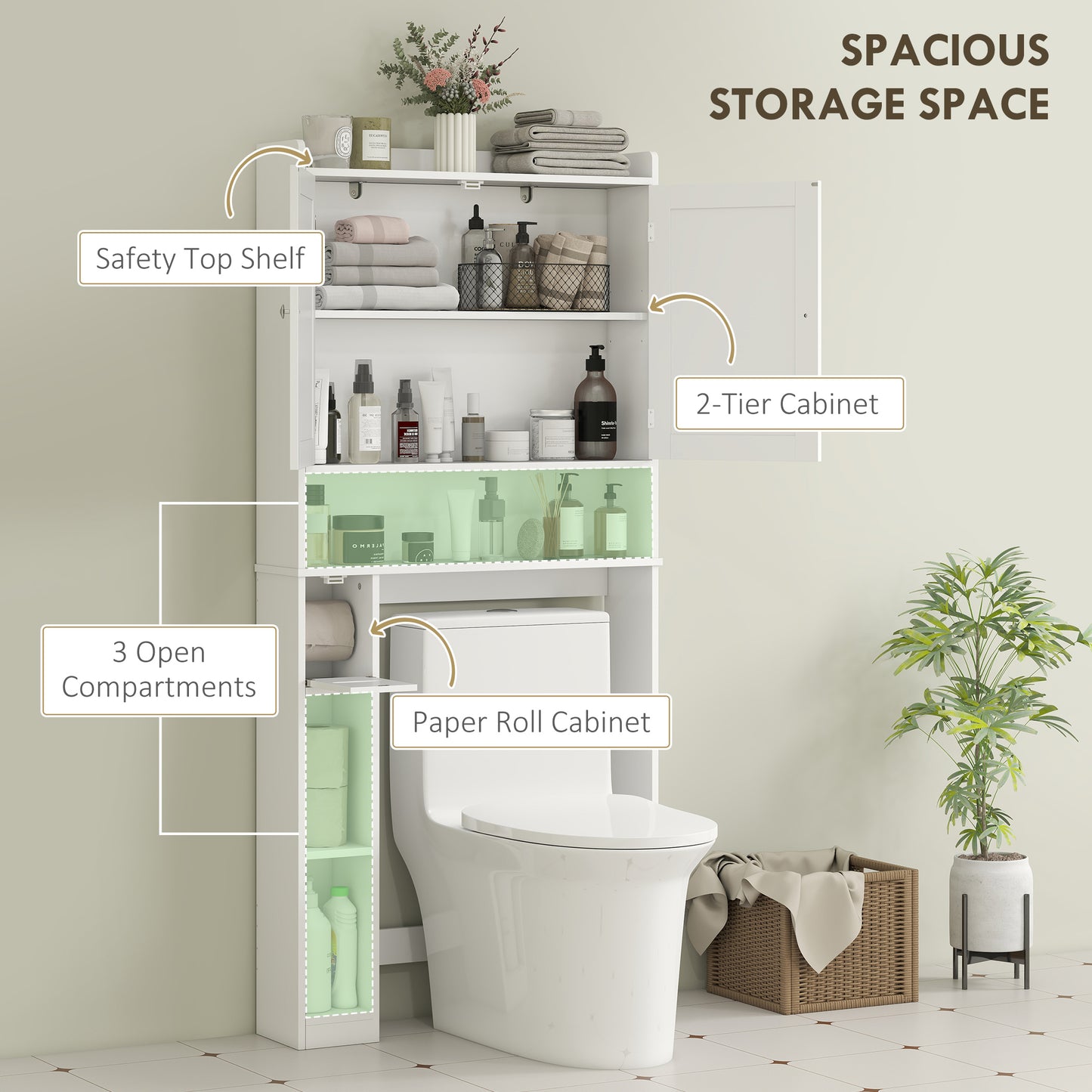 HOMCOM Modern Over the Toilet Storage Cabinet with 2 Doors, Above Commode Storage Cabinet with Toilet Paper Holder, Grey
