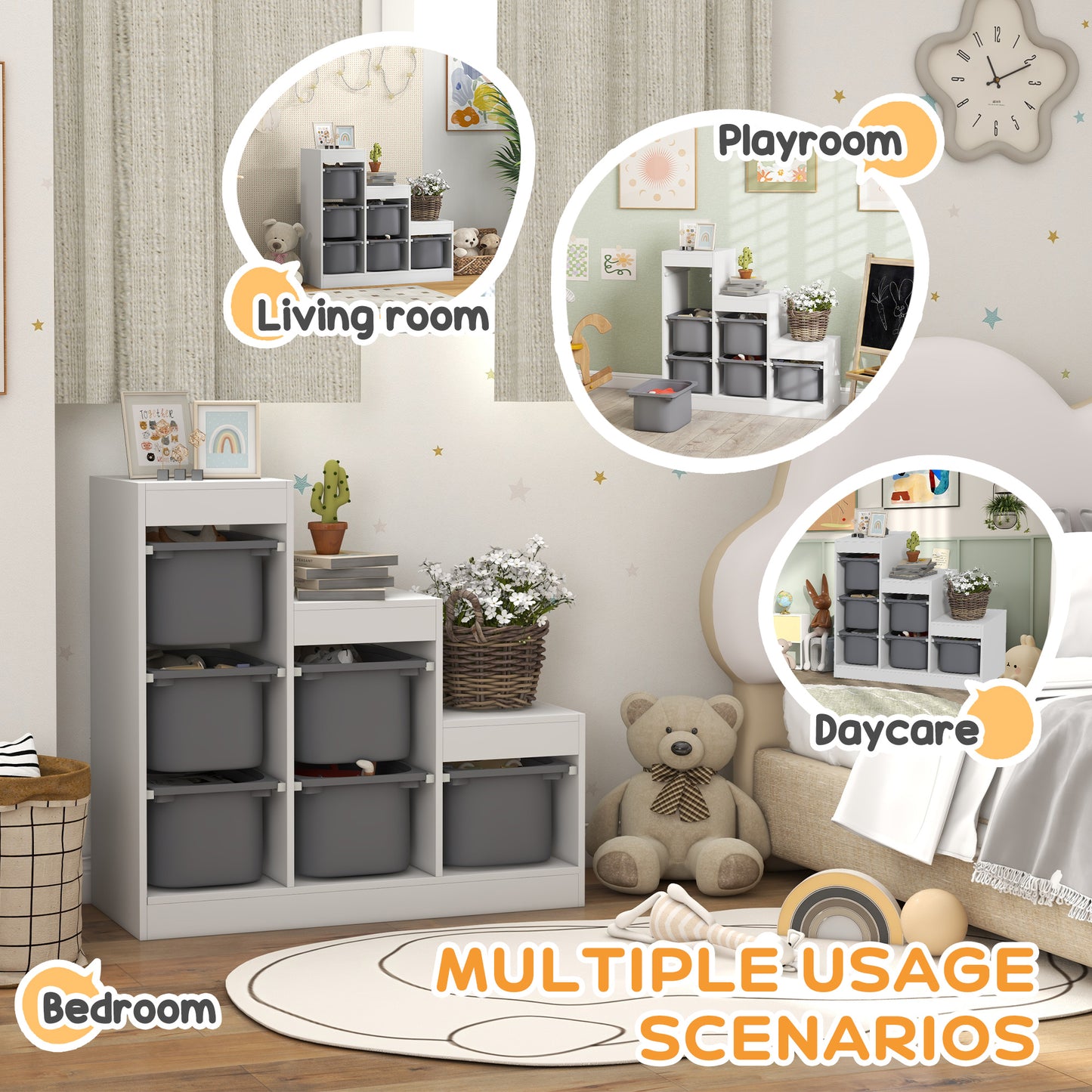 Qaba 3 Layers Toy Storage Organizer Kids Bookshelf Children Toy Storage w/ 6 Plastic Bins, White