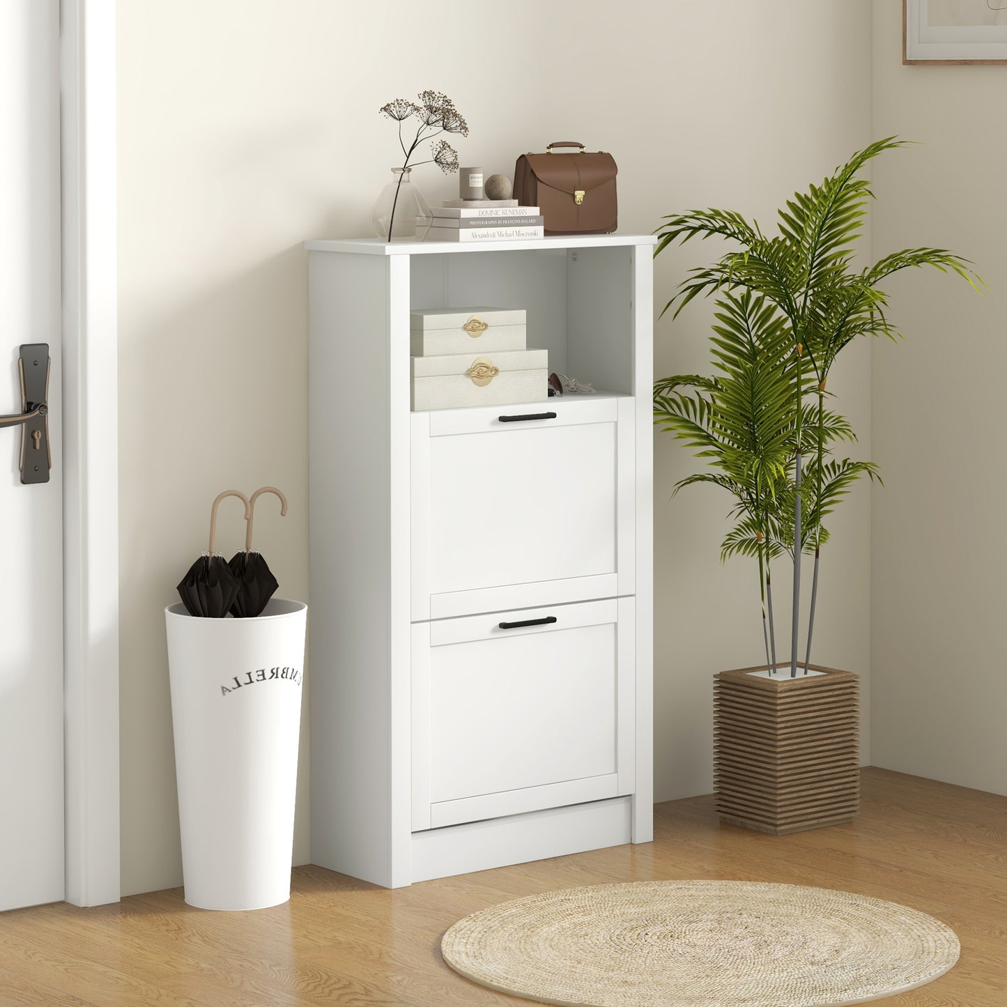 HOMCOM Narrow Shoe Cabinet with Open Shelf and 2 Flip Drawers for 10 Pairs of Shoes, for Entryway, Hallway, White
