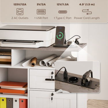 HOMCOM Mobile Printer Stand with Charging Station and USB Ports, Locking Filing Cabinet for A4 and Letter Size, White