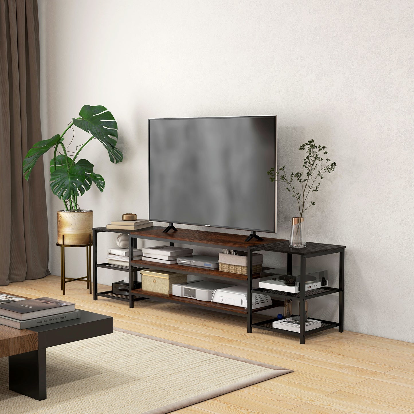 HOMCOM Industrial TV Cabinet for TVs Up to 60", TV Stand with Open Shelf Storage, Media Console with Steel Frame, Rustic Brown