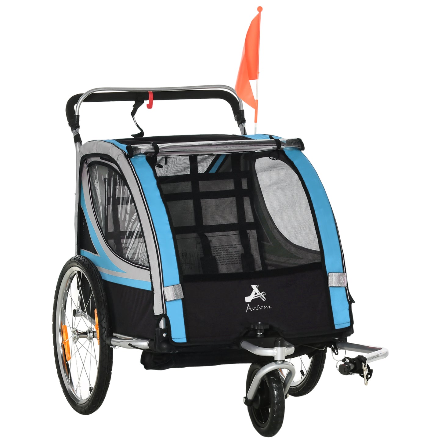 Aosom 2 Seat Bike Trailer for Kids 2-in-1 Double Baby Jogging Stroller with Handbrake, Rubber Wheels, 5 Point Harness, Waterproof Cover, Storage Bag, Reflectors, Yellow