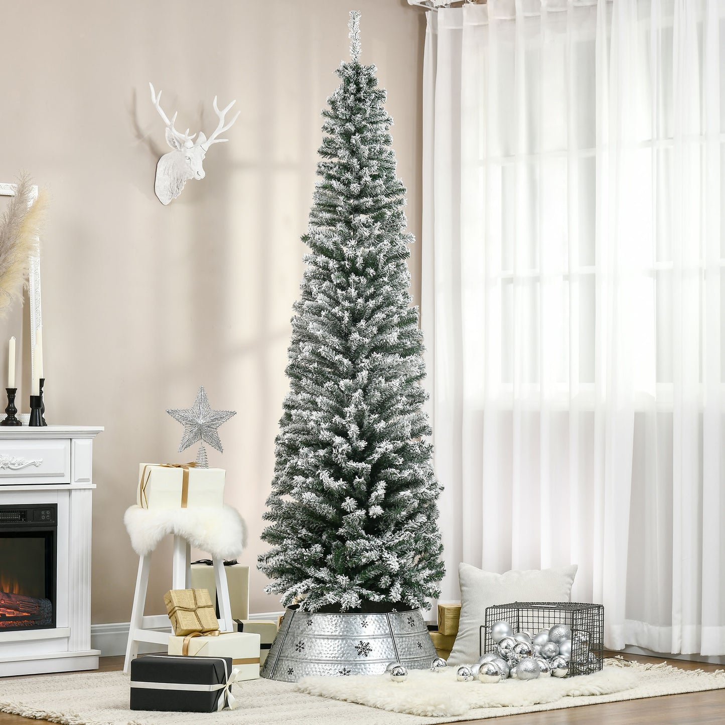 HOMCOM 7.5ft Flocked Christmas Tree, Pencil Christmas Tree with Realistic Branch Tips, Folding Metal Stand, Green
