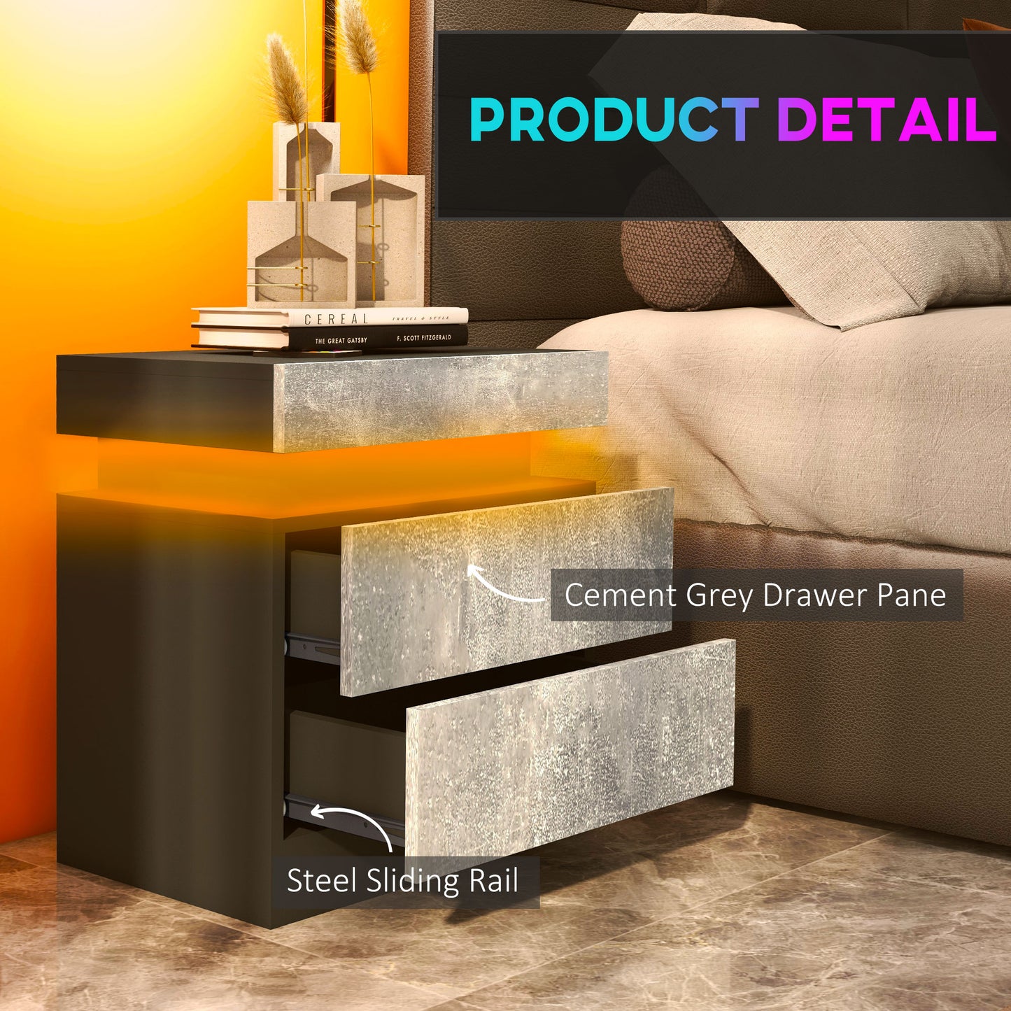 HOMCOM Nightstand, Bedside Table with LED Lights and 2 Drawers for Bedroom, Living Room, White