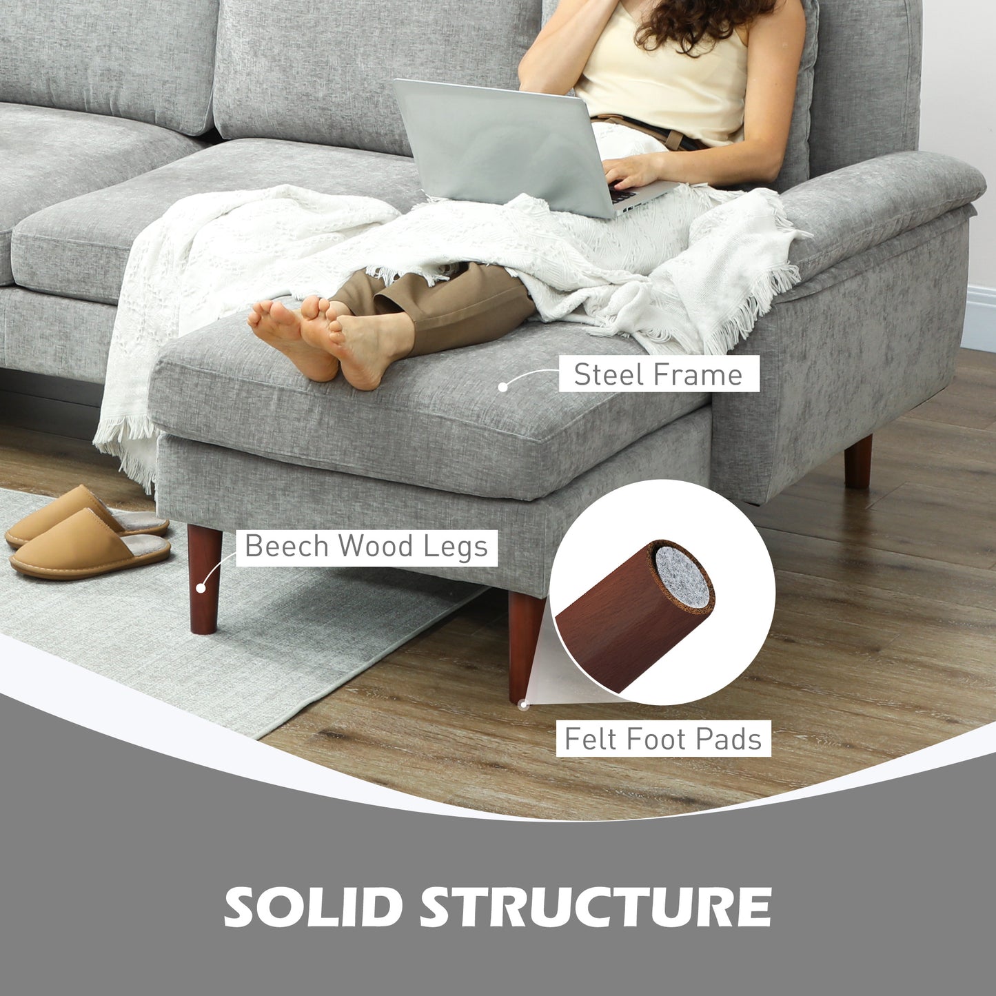 HOMCOM L-Shape Sofa, Modern Sectional Couch with Changeable Chaise Lounge, Pillows and Wooden Legs for Living Room, Grey
