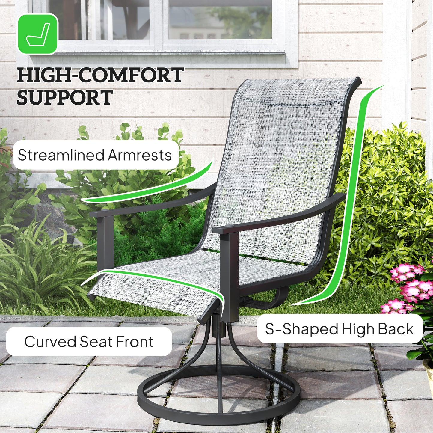 Outsunny 2 Pieces Rocking Swivel Patio Chairs, Mesh Outdoor Swivel Dining Chairs with High Back and Curved Armrests, Mixed Grey