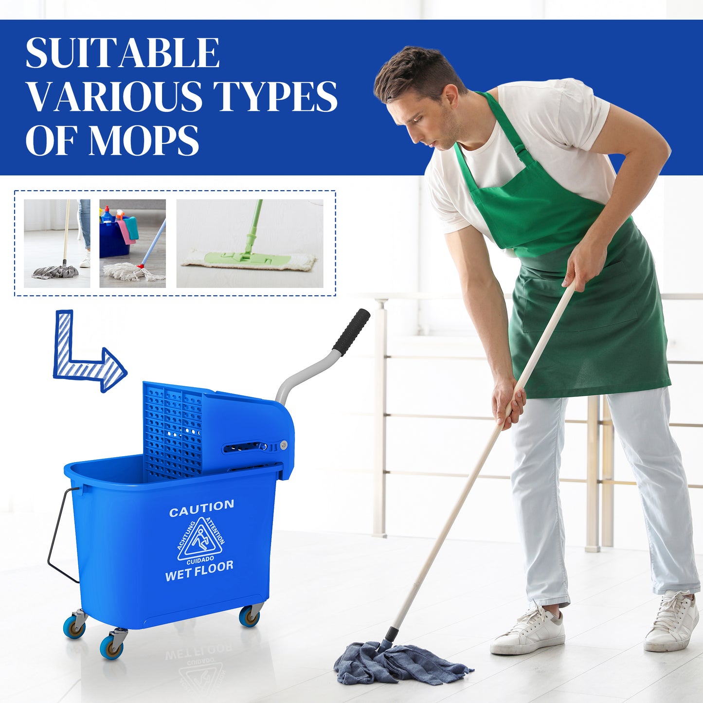 HOMCOM Compact Mop Bucket with Wringer, Mop Bucket on Wheels, 5 Gallon, Separate Dirty and Clean Water, Yellow