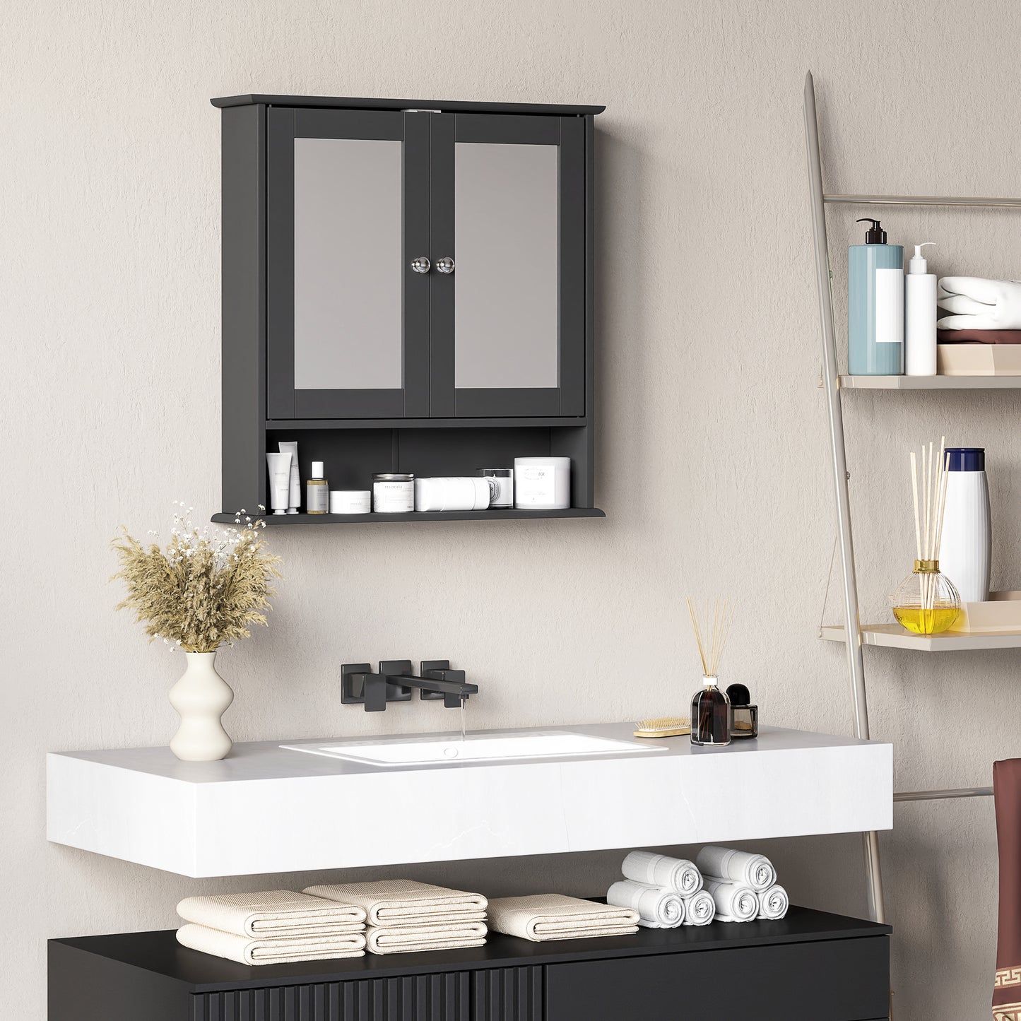 kleankin Medicine Cabinet, Wall-Mounted Bathroom Mirror Cabinet with Double Doors, Open Shelf, and Adjustable Shelf, Modern Bathroom Wall Cabinet, White