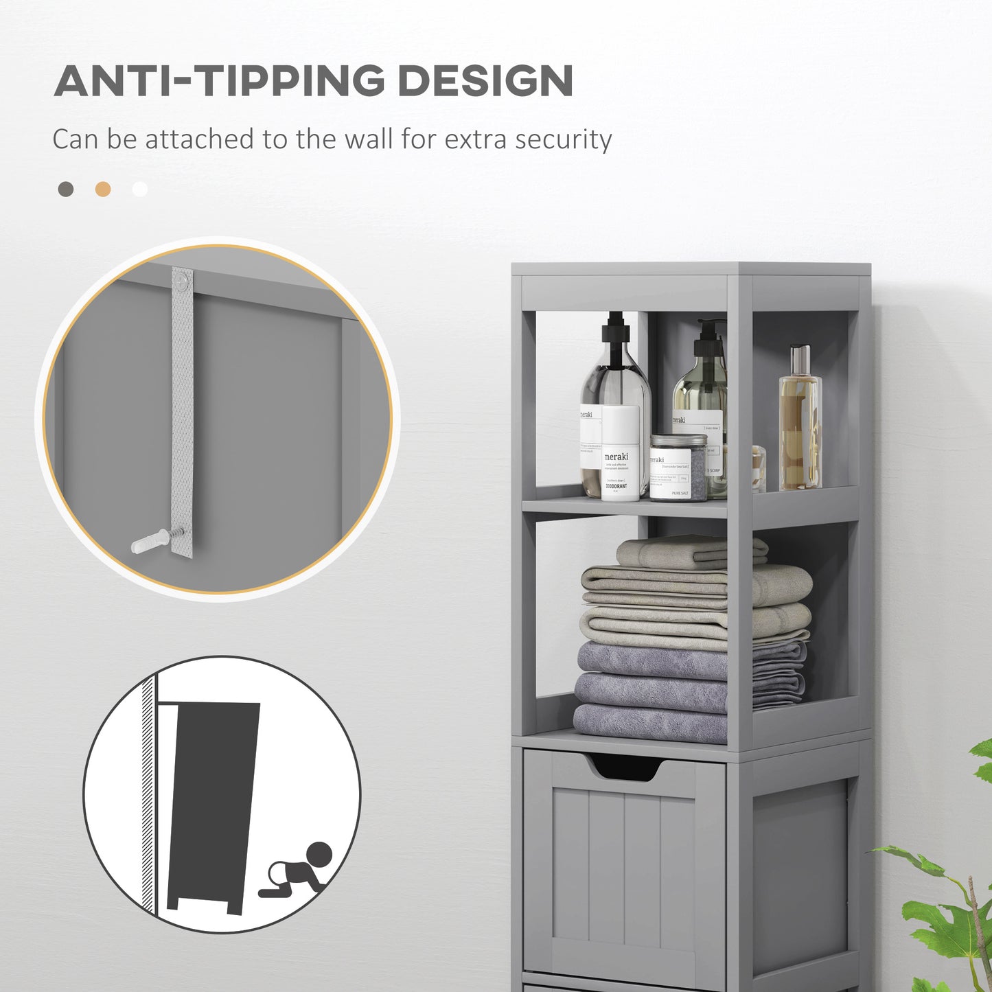 kleankin Narrow Bathroom Cabinet with 3 Drawers and 2 Tier Shelf, Tall Cupboard Freestanding Linen Tower, White