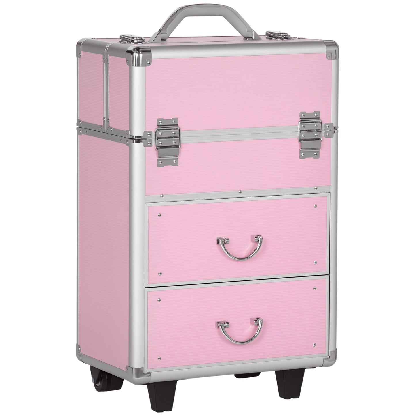 HOMCOM Rolling Makeup Train Case, Large Storage Cosmetic Trolley, Lockable Traveling Cart Trunk with Folding Trays, Swivel Wheels