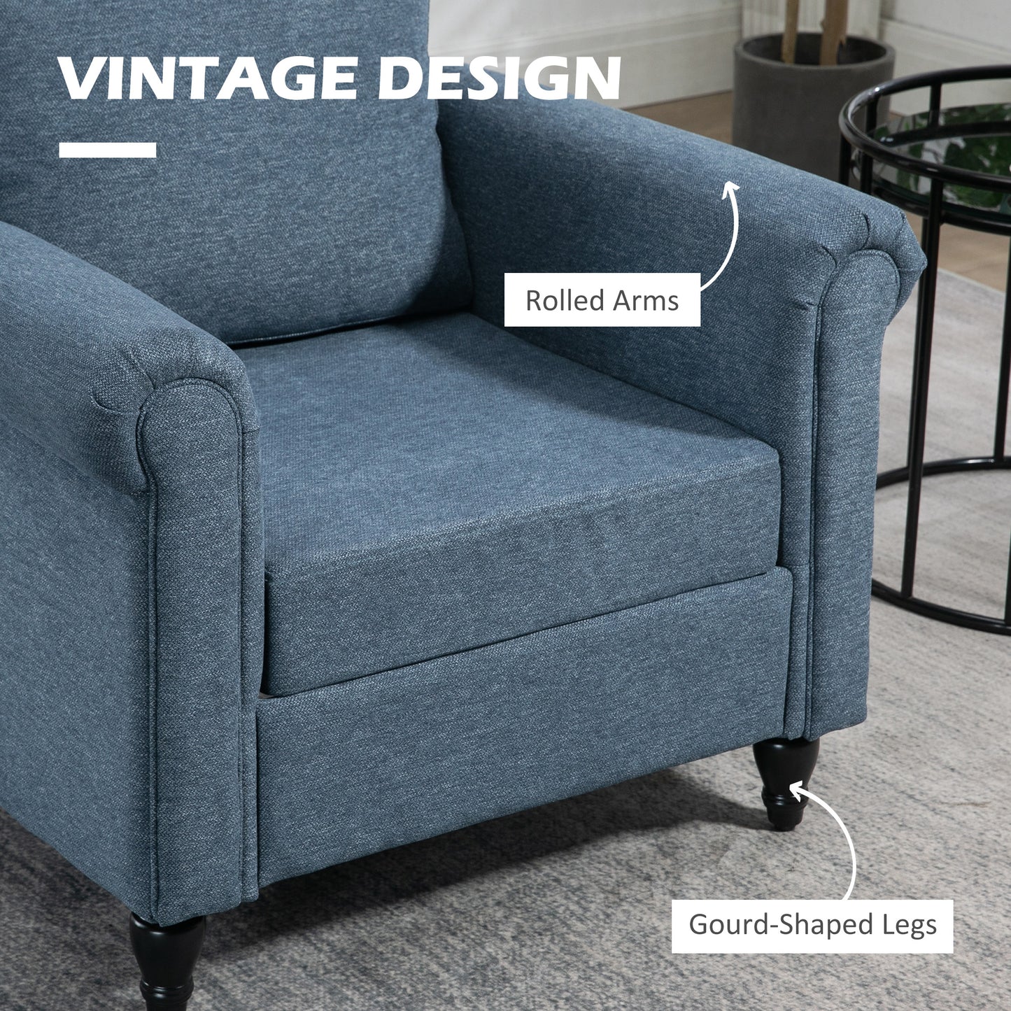 HOMCOM Vintage Armchair, Upholstered Accent Chair with Rolled Arms, Gourd-Shaped Rubber Wood Legs, Light Grey