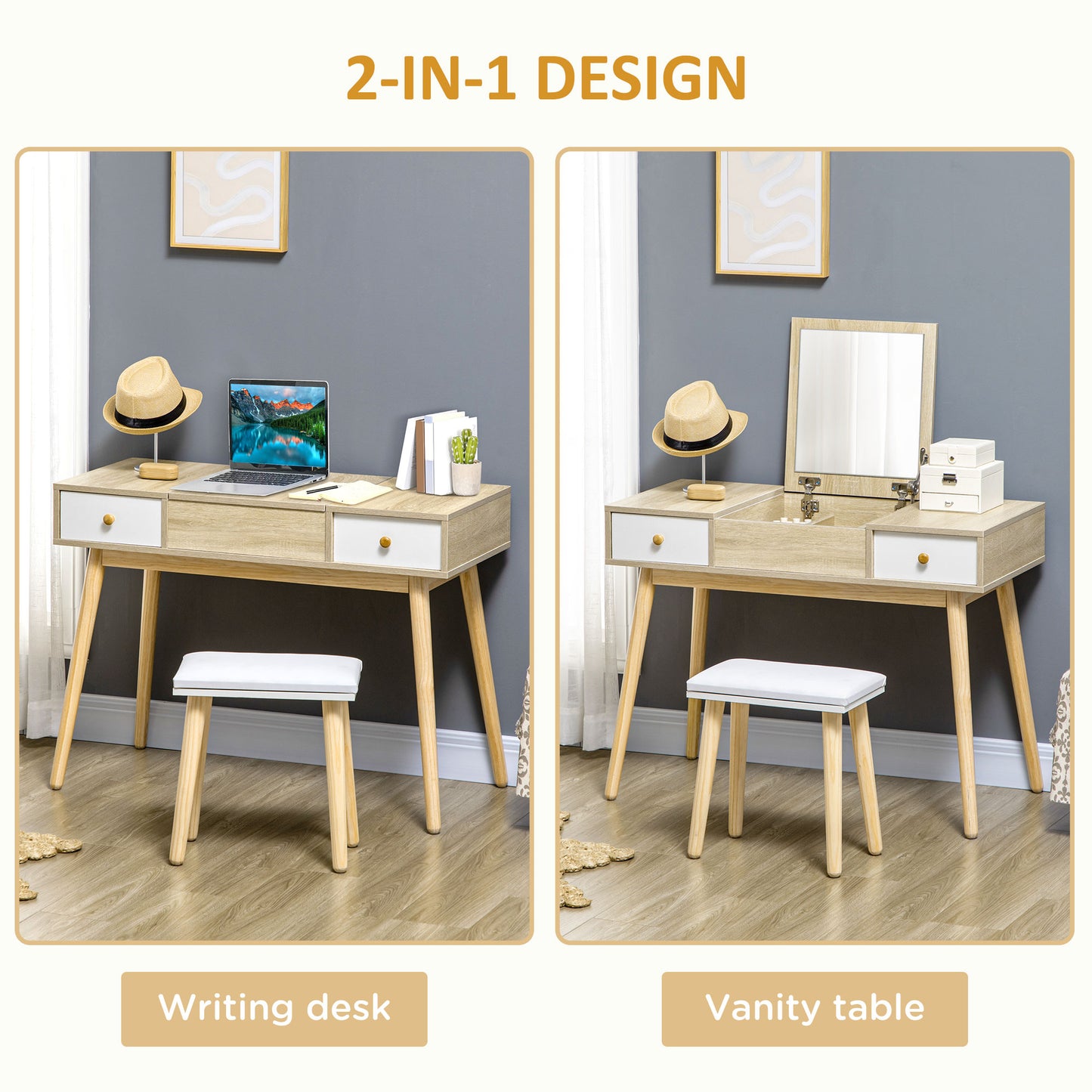 HOMCOM Makeup Vanity Desk with Flip Top Mirror and Cushioned Stool, Dressing Table Writing Desk with 2 Drawers and Storage Grids for Bedroom (White)