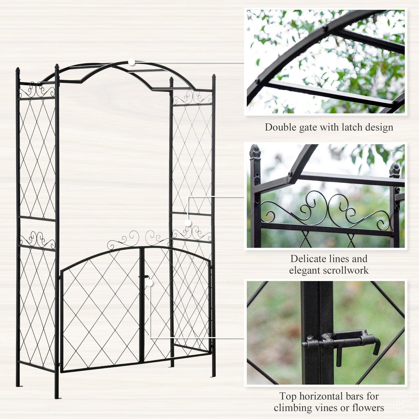 Outsunny 7FT Metal Garden Arch with Gate Climbing Planter Frame Backyard Decor for Vines Morning Glory Black
