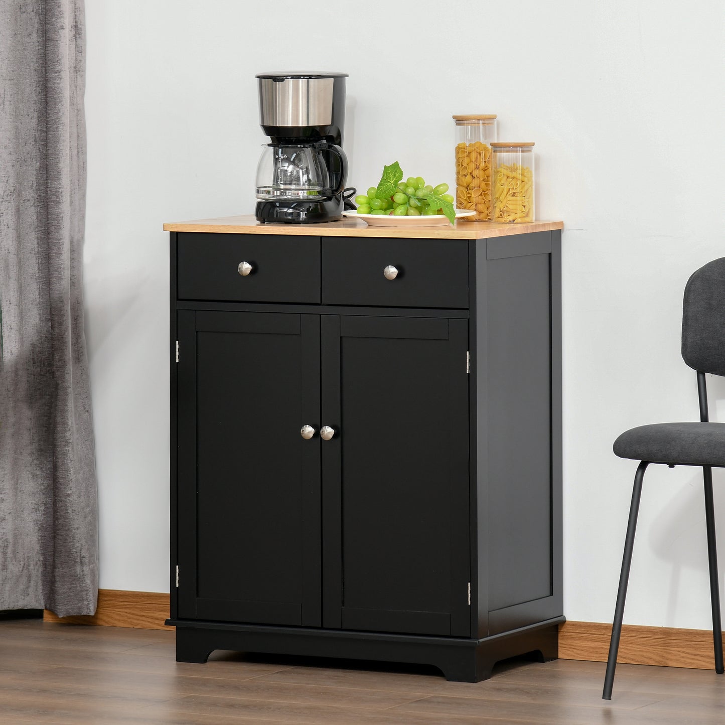 HOMCOM Sideboard Buffet Cabinet with Storage, 27" Kitchen Cabinet with Adjustable Shelf, 2 Drawers and 2 Doors, Coffee Bar Cabinet with Rubberwood Tabletop, White