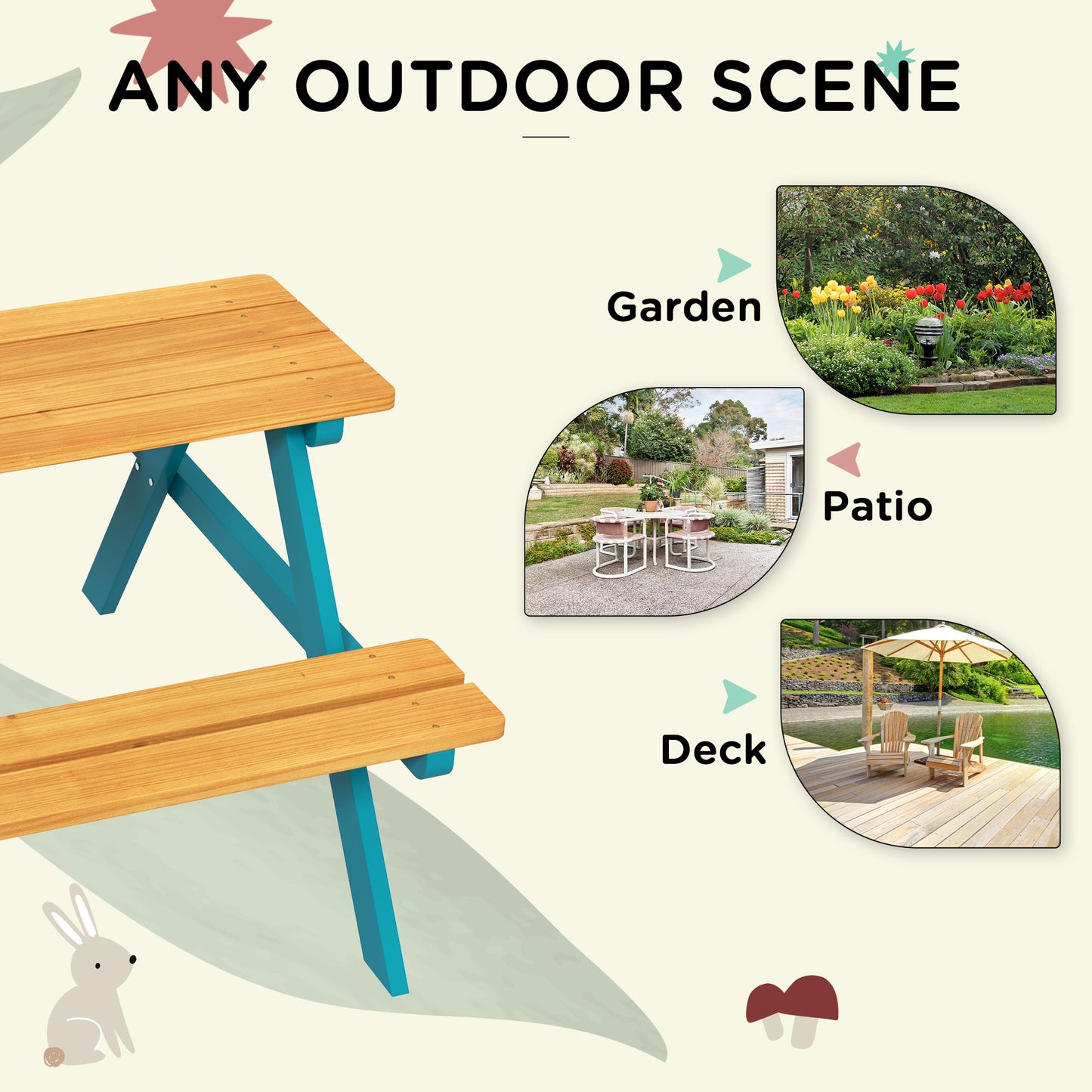 Outsunny Kids Outdoor Table Set Wooden Toddler Picnic Table and Benches for 4 Kids 3-8 Years, Easy Installation, Natural Wood