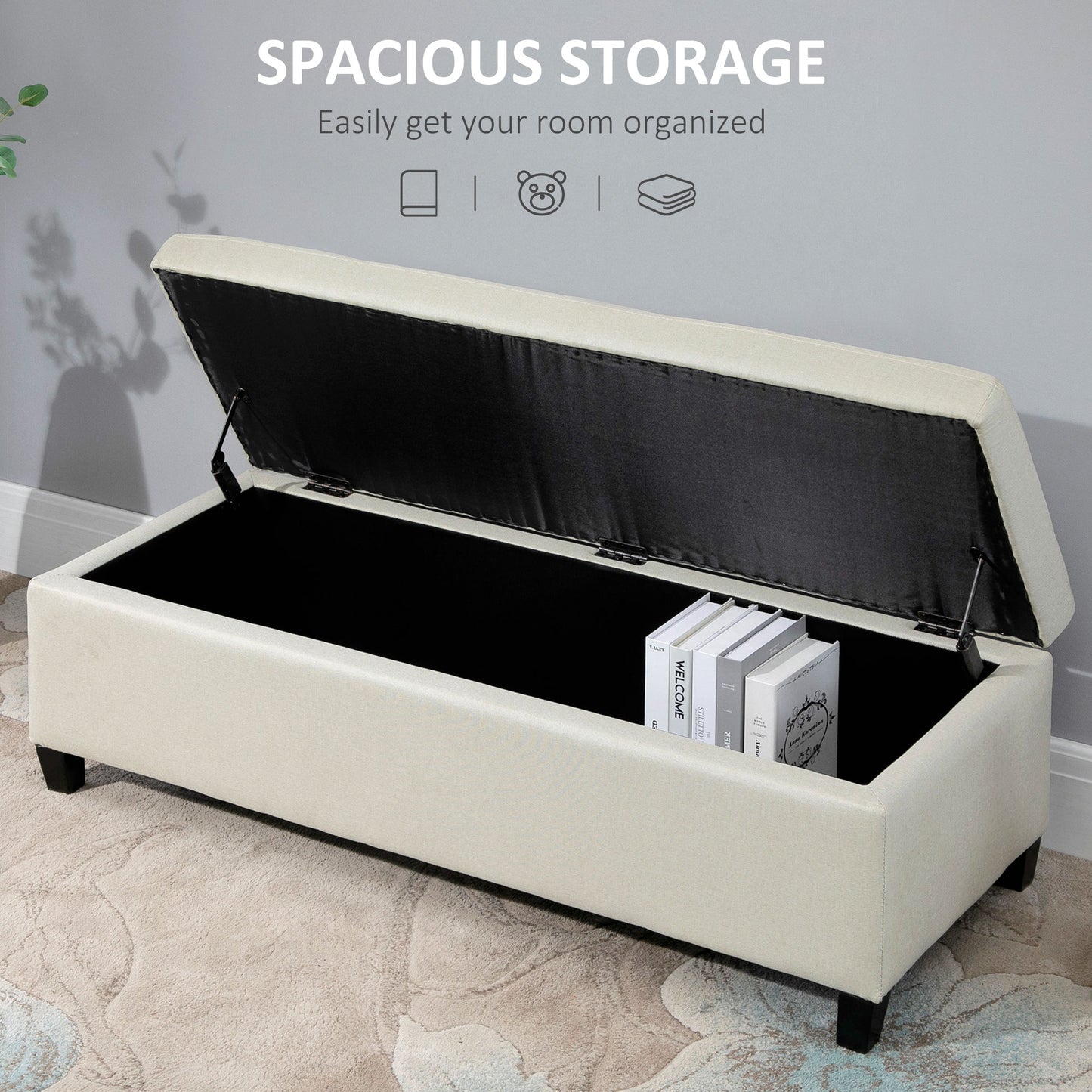 HOMCOM Rectangular Entry Bench, Tufted Upholstered Linen Fabric Wood Feet Storage Ottoman Bench, Beige