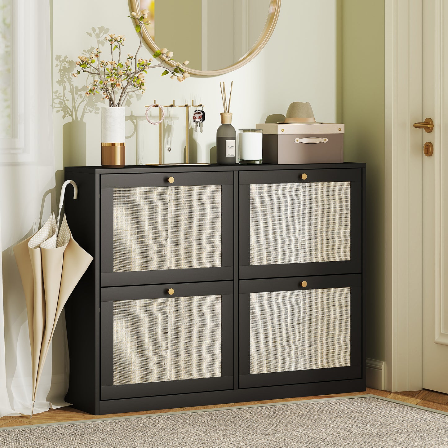 HOMCOM Narrow Shoe Storage Cabinet, Rattan Shoe Cabinet with 4 Flip Drawers and Adjustable Shelves for 20 Pairs, Black