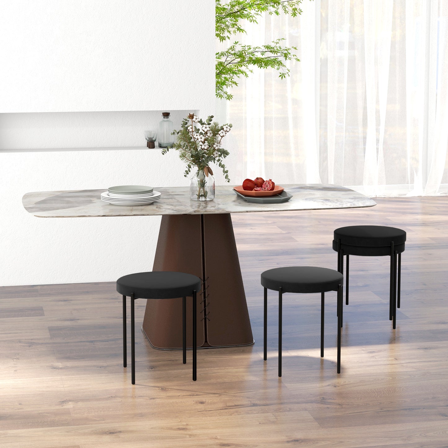 HOMCOM Backless Round Dining Chairs, Modern Stacking Stools Set of 4, Kitchen Chairs with Metal Legs, Black