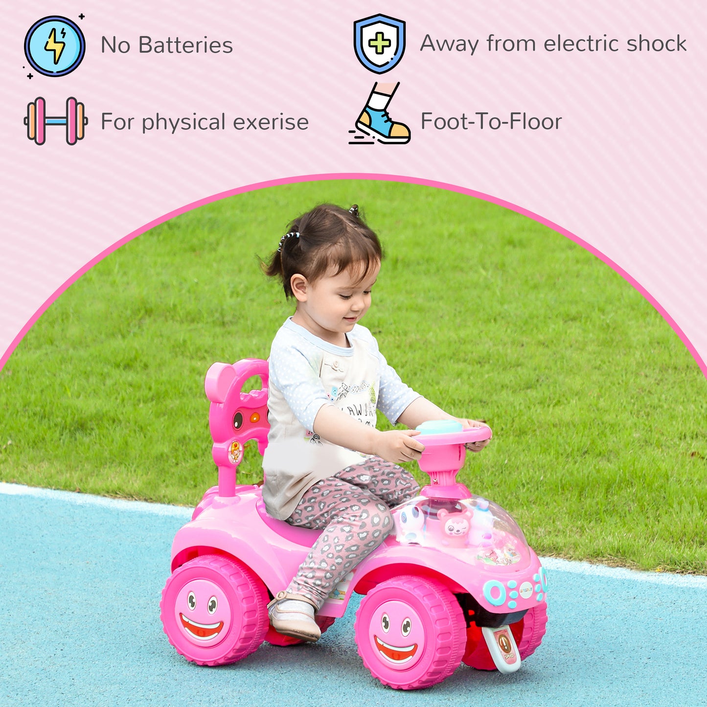 Qaba Toddlers Push Car with Horn, Light, Music, Anti-Over-Backwards Device, Steering Wheel, Under Seat Storage, Pink