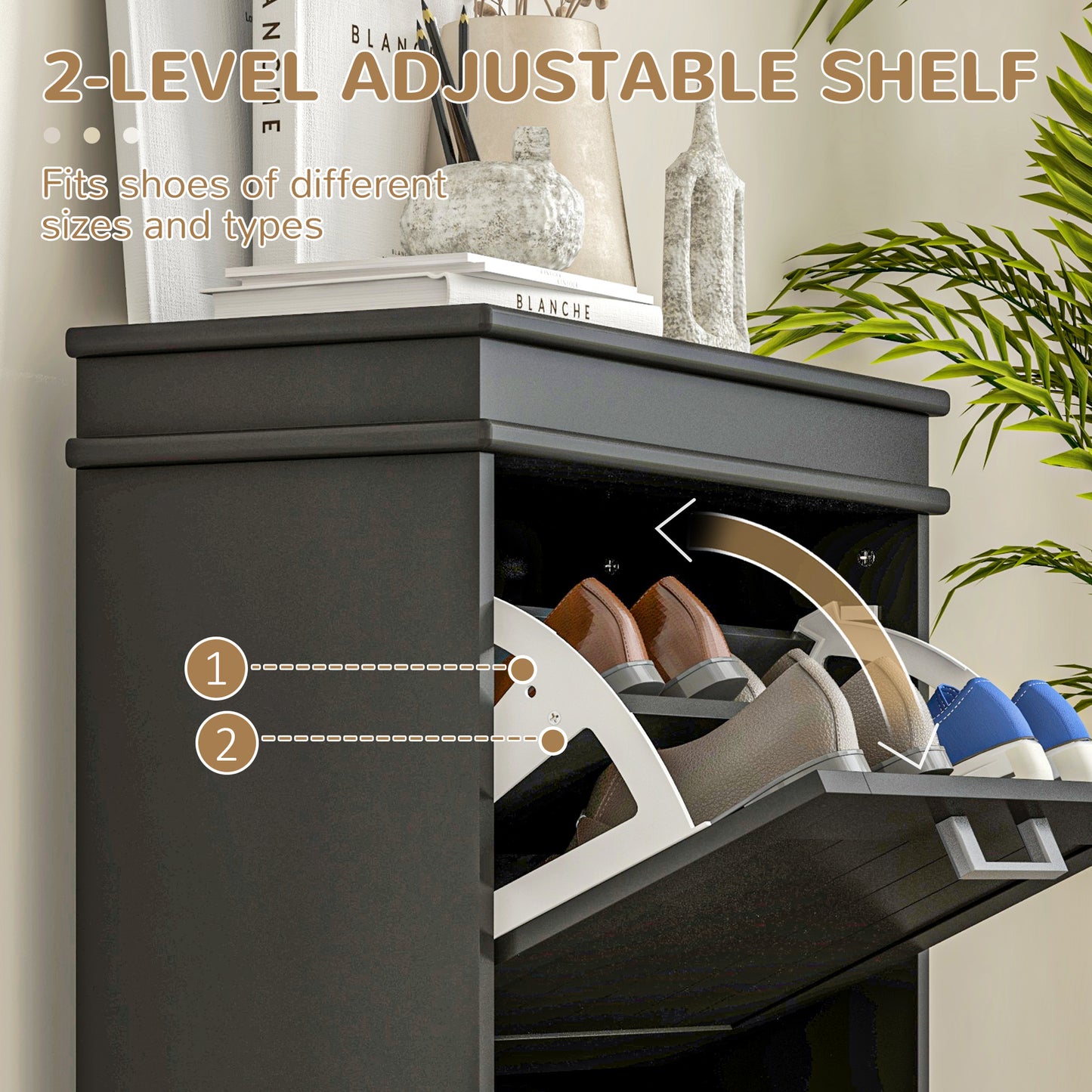 HOMCOM Shoe Storage Cabinet with 2 Flip Drawers and Adjustable Shelves, Narrow Shoe Cabinet for 10 Pairs of Shoes, Black