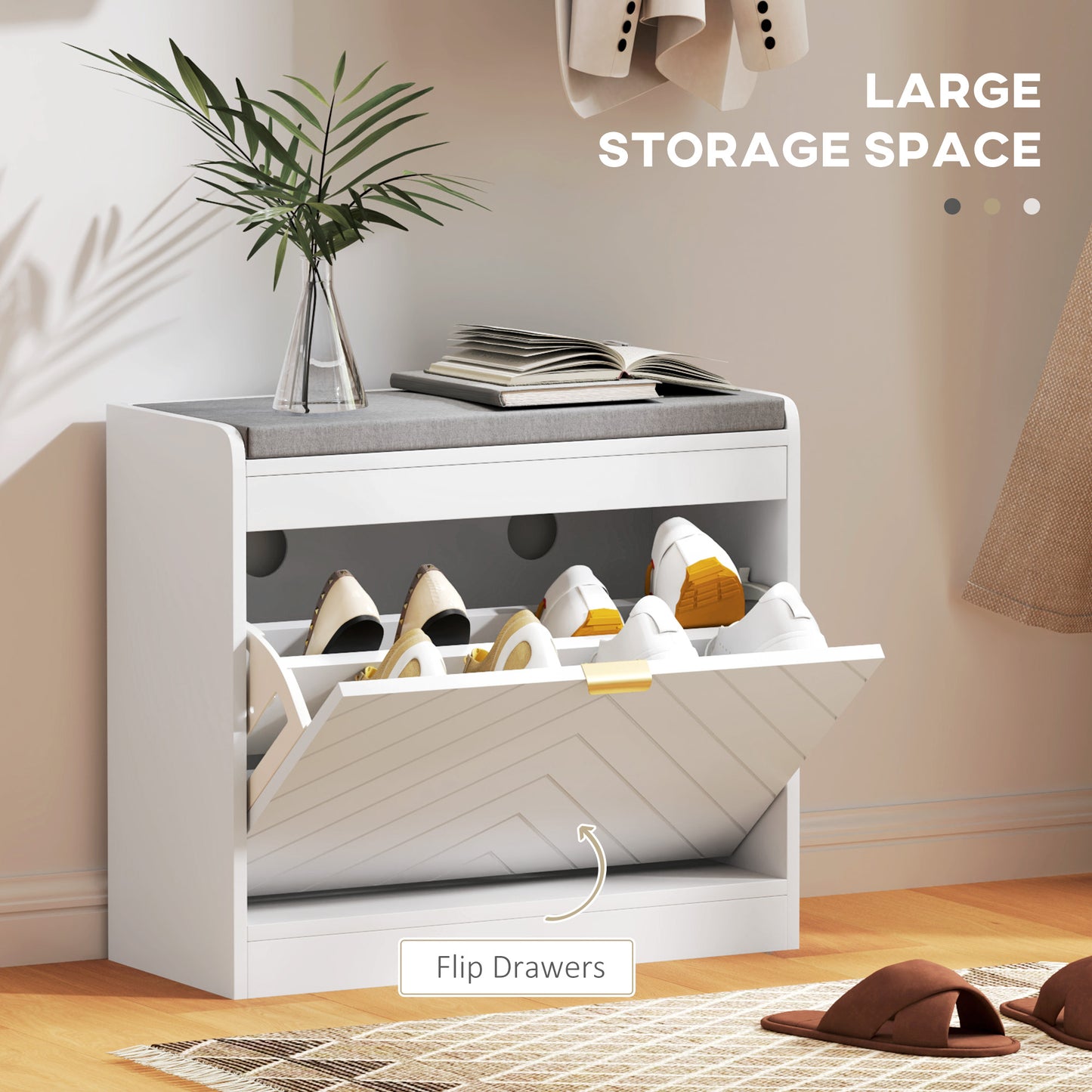 HOMCOM Shoe Storage with Seat, Upholstered Hallway Bench, Shoe Bench with Flip Drawer and Vent for 5 Pairs of Shoes