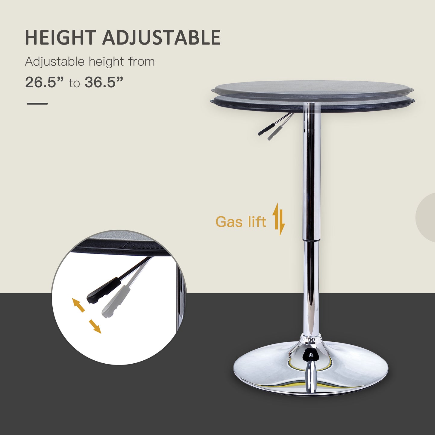 HOMCOM Modern Round Bar Table Adjustment Height Home Pub Bistro Desk Faux Leather Covered Wooden Top Chrome Base Black