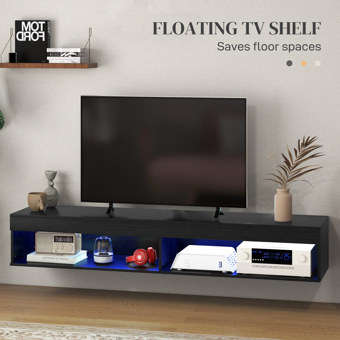 HOMCOM Modern Wall Mounted TV Stand with Storage and LED Lights for TVs up to 75", Floating TV Shelf for Living Room, Black