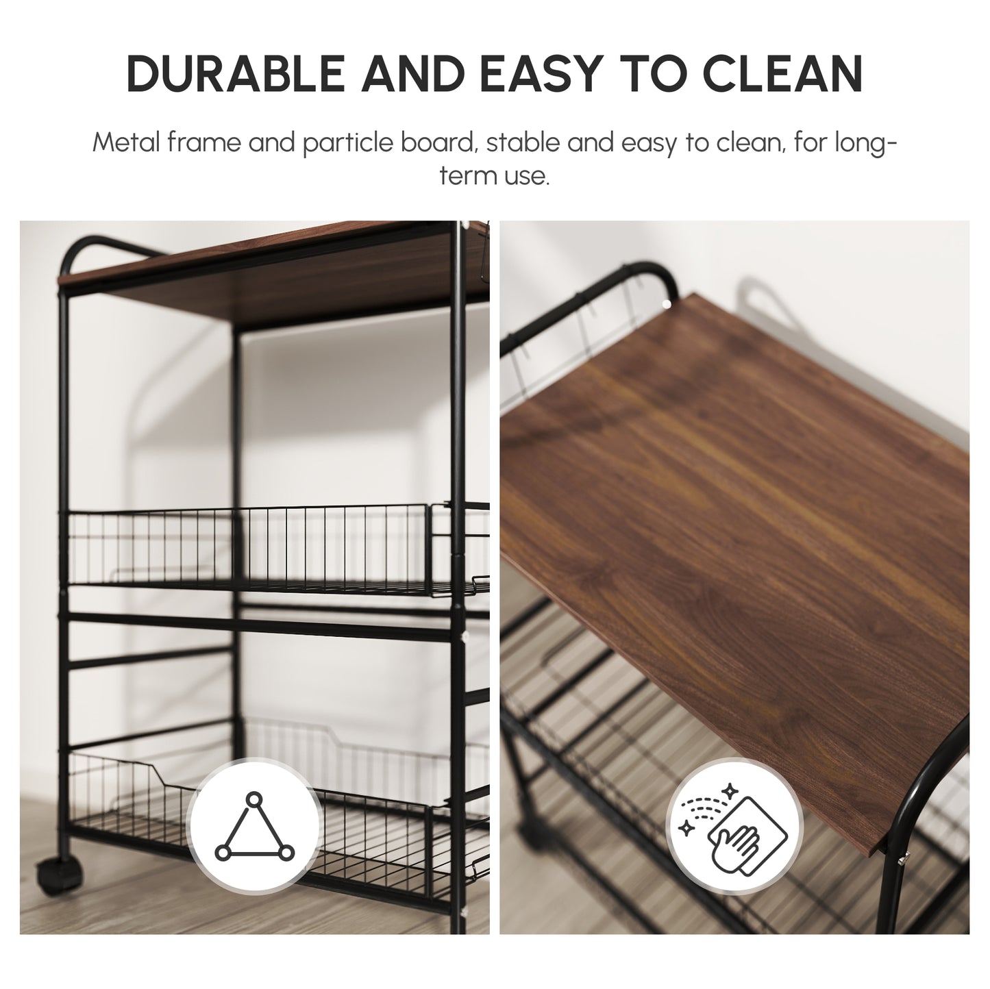 HOMCOM Rolling Kitchen Cart, 3-Tier Utility Storage Cart with 2 Basket Drawers & Side Hooks, Lockable Casters for Dining Room