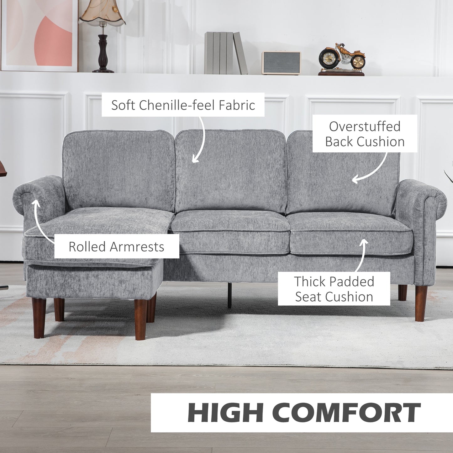 HOMCOM L Shape Sofa, Modern Sectional Couch with Changeable Chaise Lounge, Wooden Legs, Corner Sofa for Living Room, Dark Blue