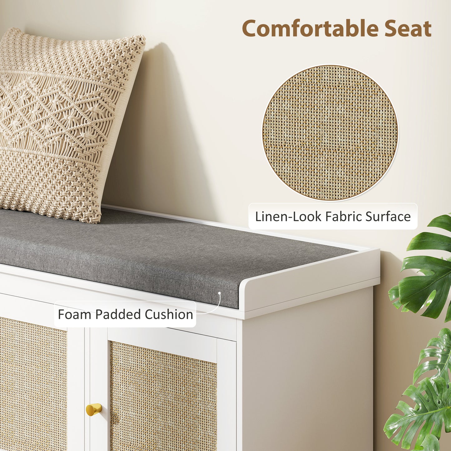 HOMCOM Shoe Storage Bench with Woven Rattan Doors, Shoe Bench with Cushion, Adjustable Shelves, Entryway Bench, White