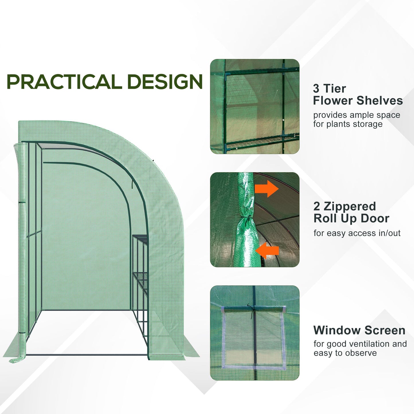 Outsunny Walk-in Wall Lean-to Greenhouse, 10' x 5' x 7' Outdoor Gardening Green House with PE Cover, Windows, Shelves and 2 Zipper Doors, Green