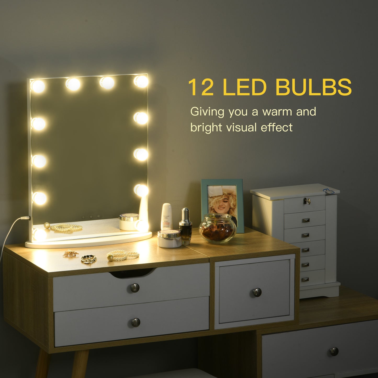 HOMCOM, Hollywood Lighted Makeup Mirror with 12 Dimmable LED Bulbs, 3 Color Lighting Modes, Touch Control Design for Cosmetic Dressing Table, White