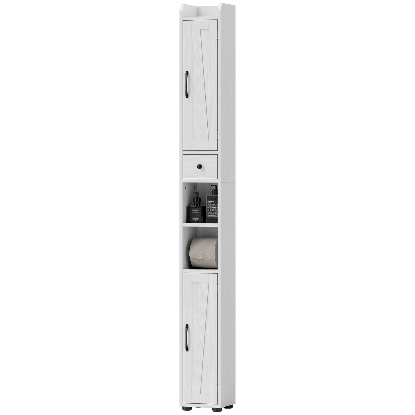 HOMCOM Narrow Bathroom Cabinet, Tall Bathroom Storage Cabinet with Barn Doors, Drawer and Adjustable Shelves, Brown Wood Grain