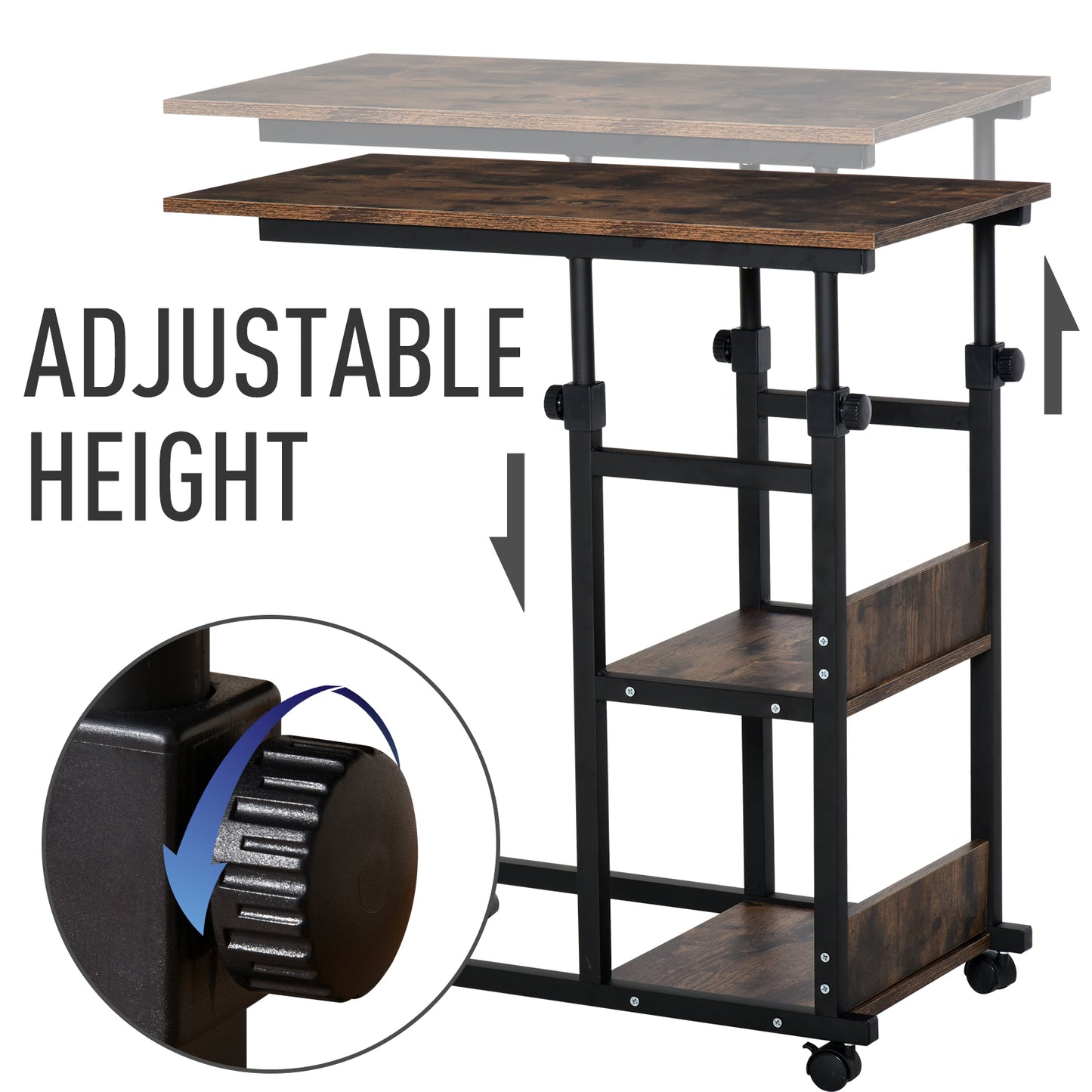 HOMCOM Mobile Standing Desk, Adjustable Height 31.5 inch Stand Up Desk with Wheels for Home Office, Rustic Brown