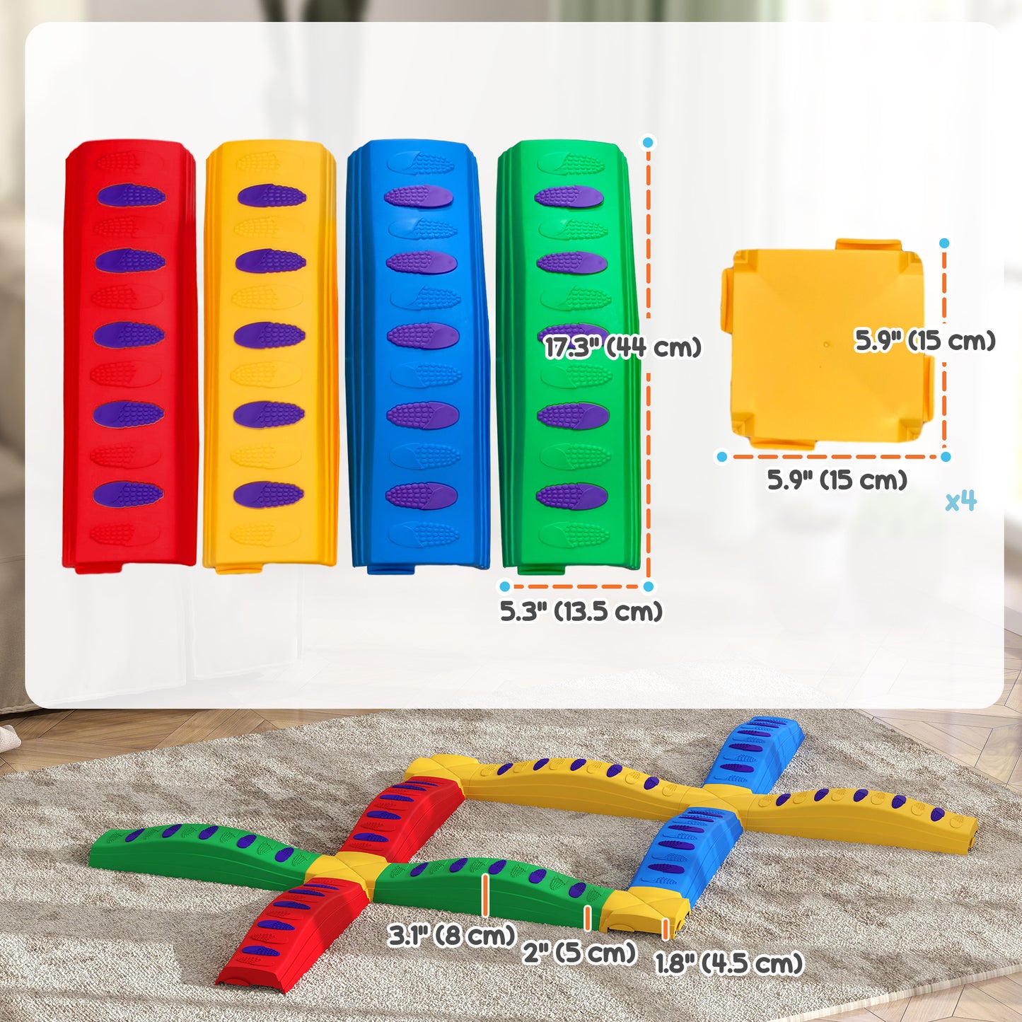 Outsunny 8pcs Balance Beam for Kids, 4 Sensory Pads and 4 Beams with Non-slip Surface & Bottom, Stackable Stepping Stones Kids for Boys Girls 3-6 Years, Multicoloured