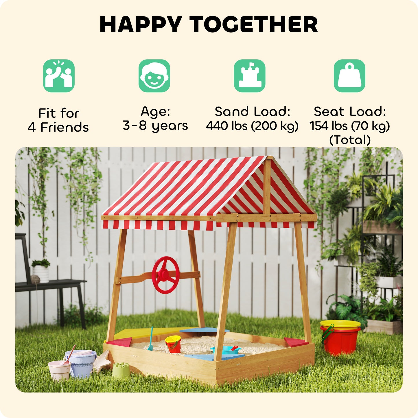 Qaba Wooden Kids Sandbox with Cover, 4 Seats, Rudder, Deck, Bottom Liner, 52" x 40" x 55.5", for Ages 3-8, Yellow