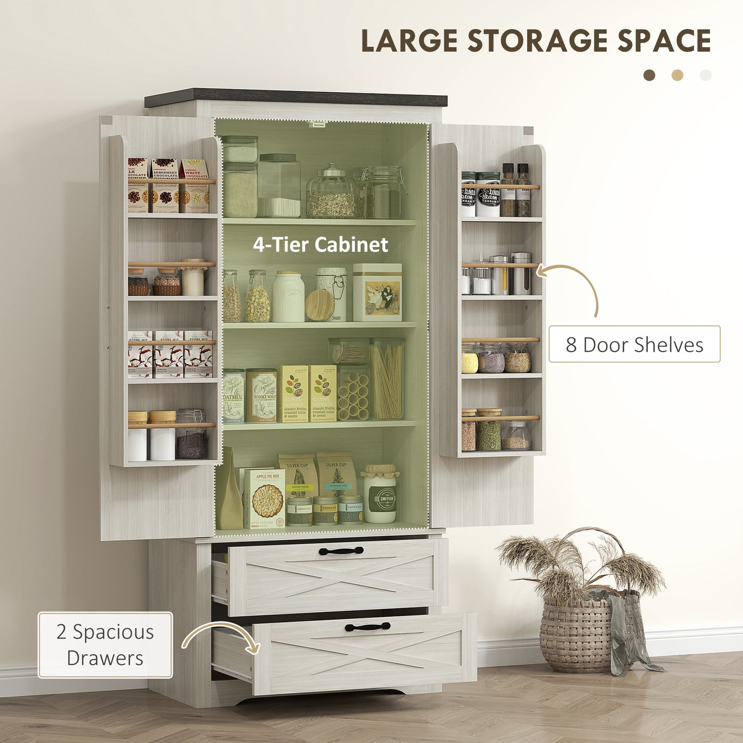 HOMCOM Farmhouse Kitchen Pantry Storage Cabinet, 64" Freestanding Kitchen Pantry Cabinet with Drawers, Distressed White