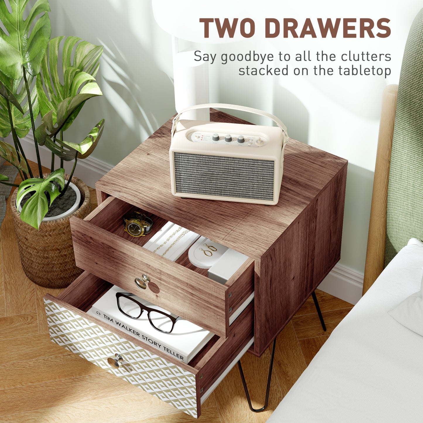 HOMCOM Side Table with Drawers, Nightstand, Bedside Table, Sofa End Table, for Bedroom, Brown